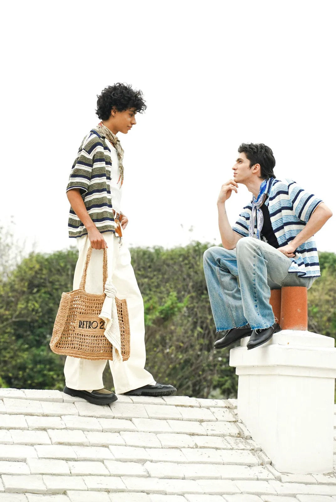 Retro 21 Handmade Raffia Cutout Tote Bag in Khaki - On Model