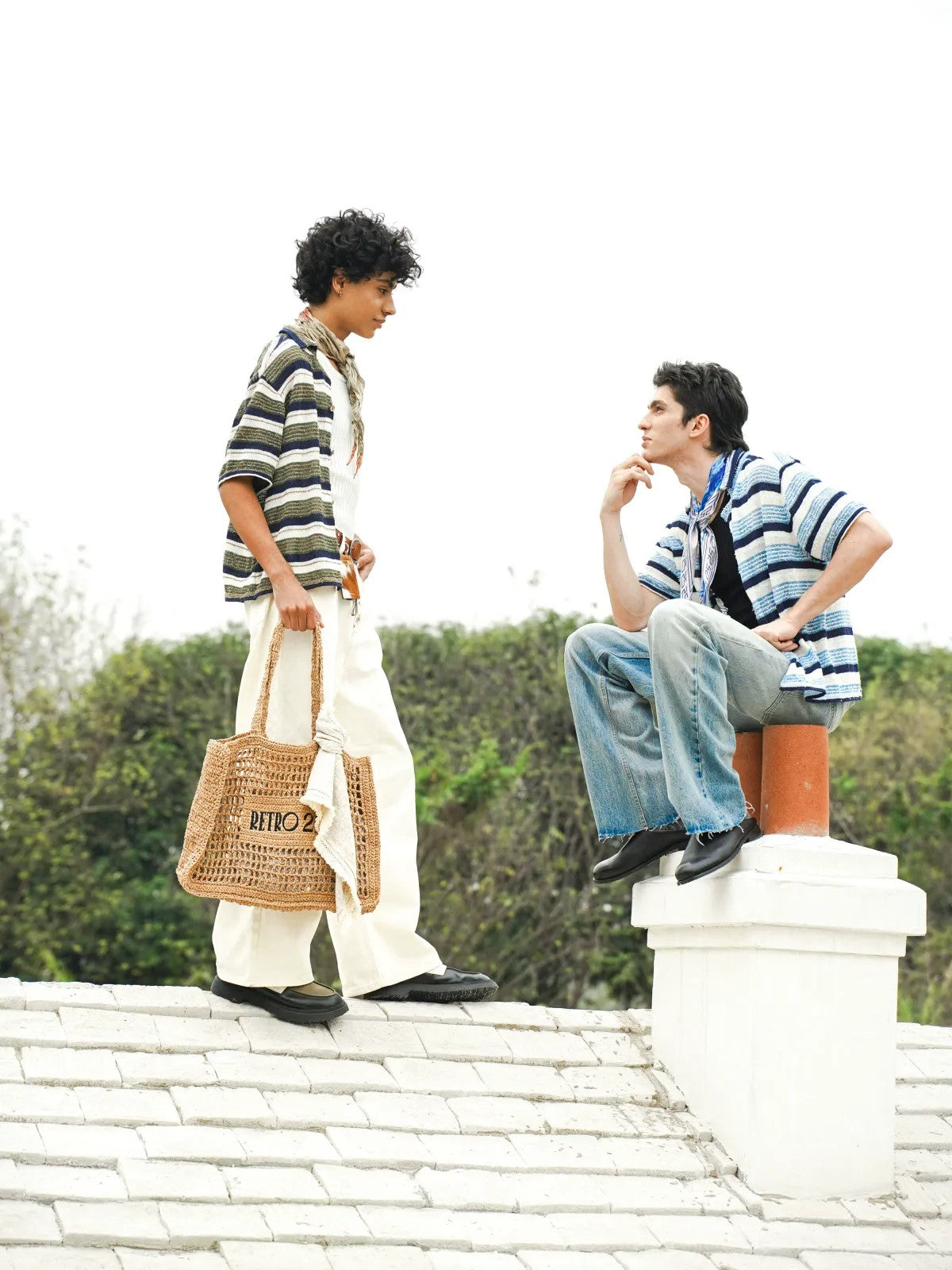 Retro 21 Handmade Raffia Cutout Tote Bag in Khaki - On Male Model