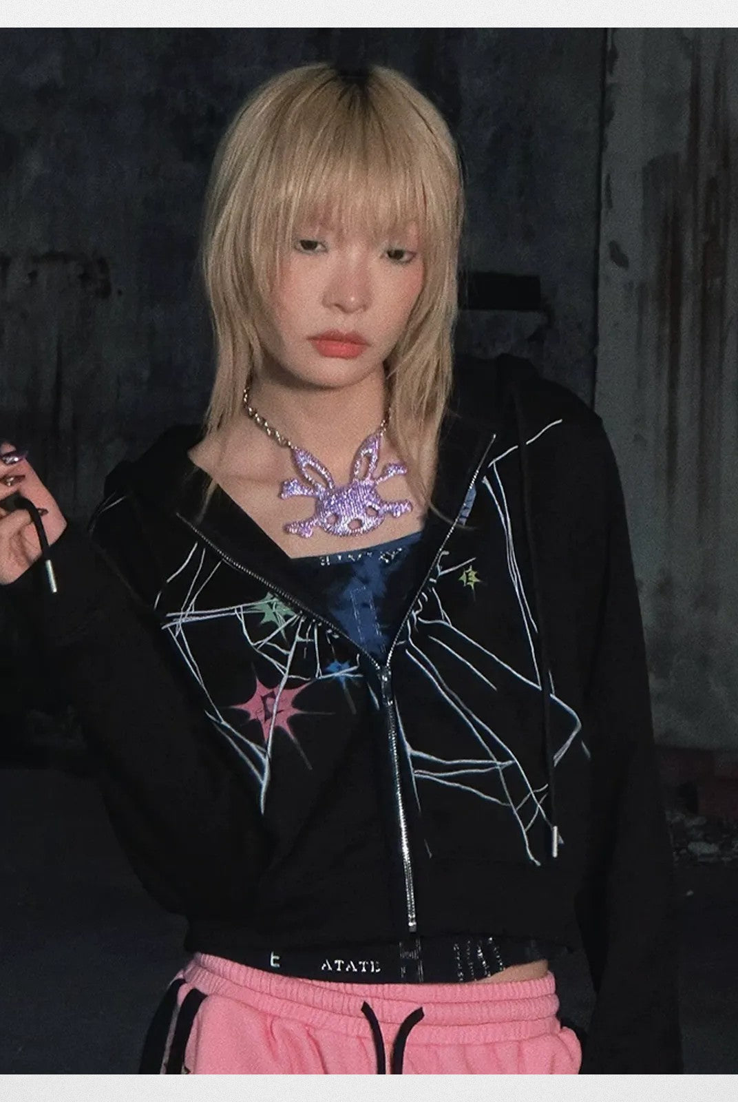 CFIERCE Rabbit Skull Necklace in Lavender - On Model