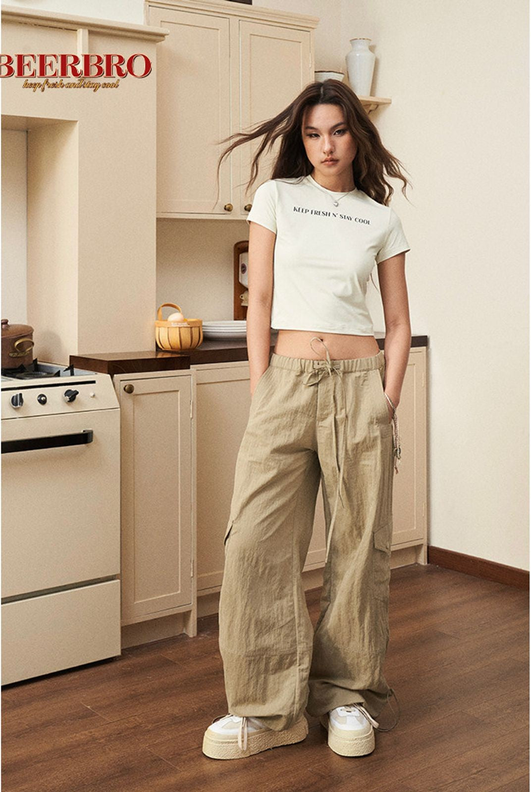 BeerBro Slogan Print Baby Tee in Cream - On Model