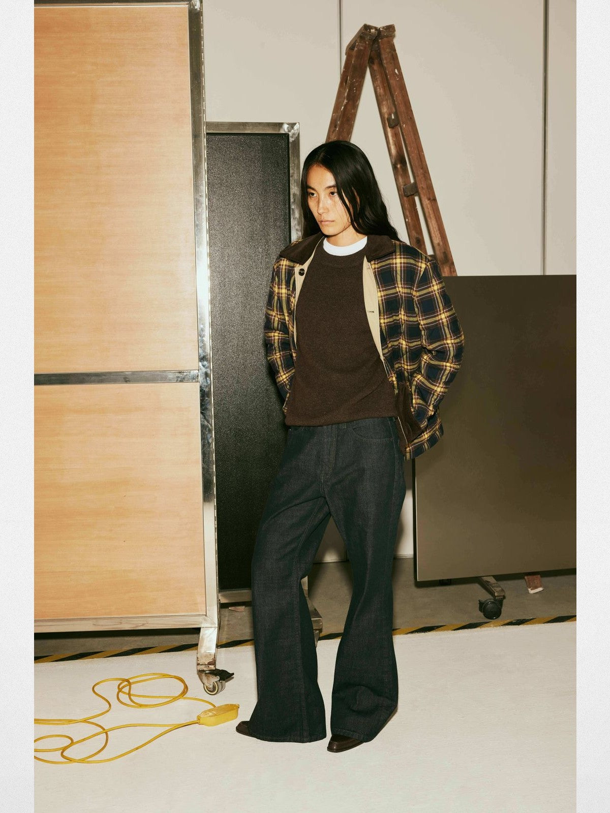 alright then Retro Raw Denim Flared Jeans in Blue - On Model