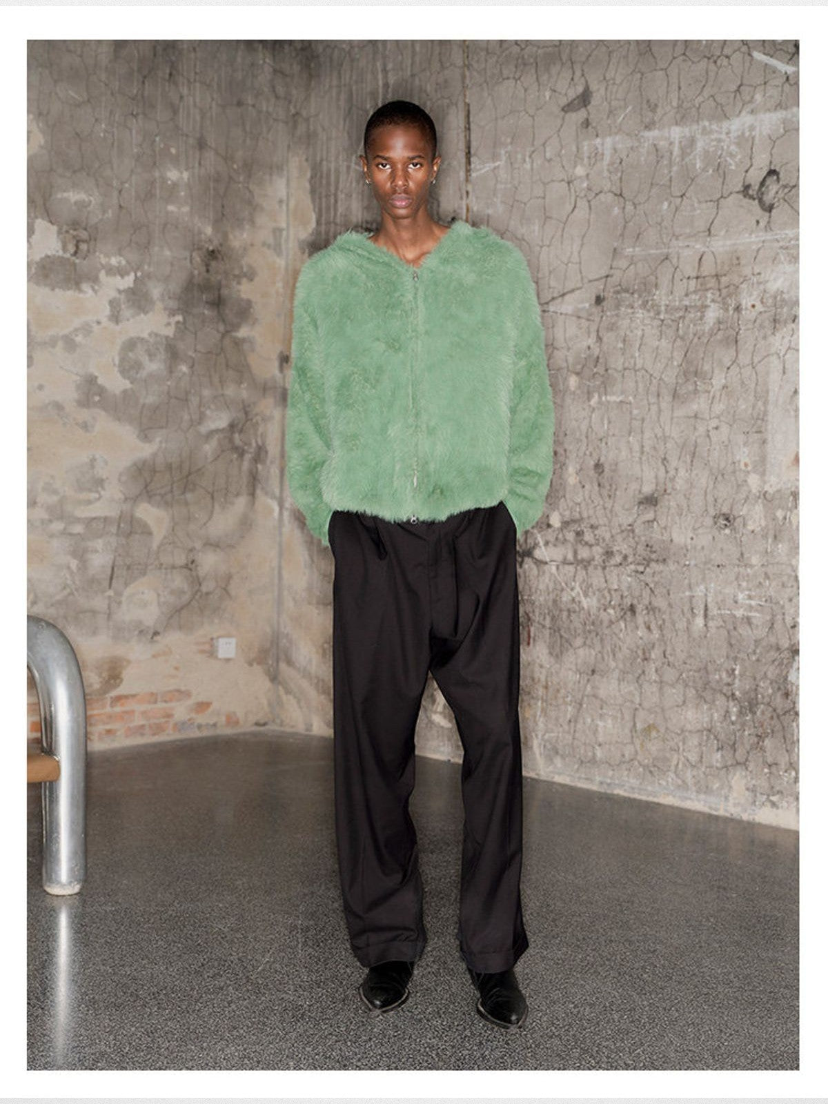 TRIANGLE PROJECT Faux Mink Zip Up Hooded Jacket in Mint - On Model