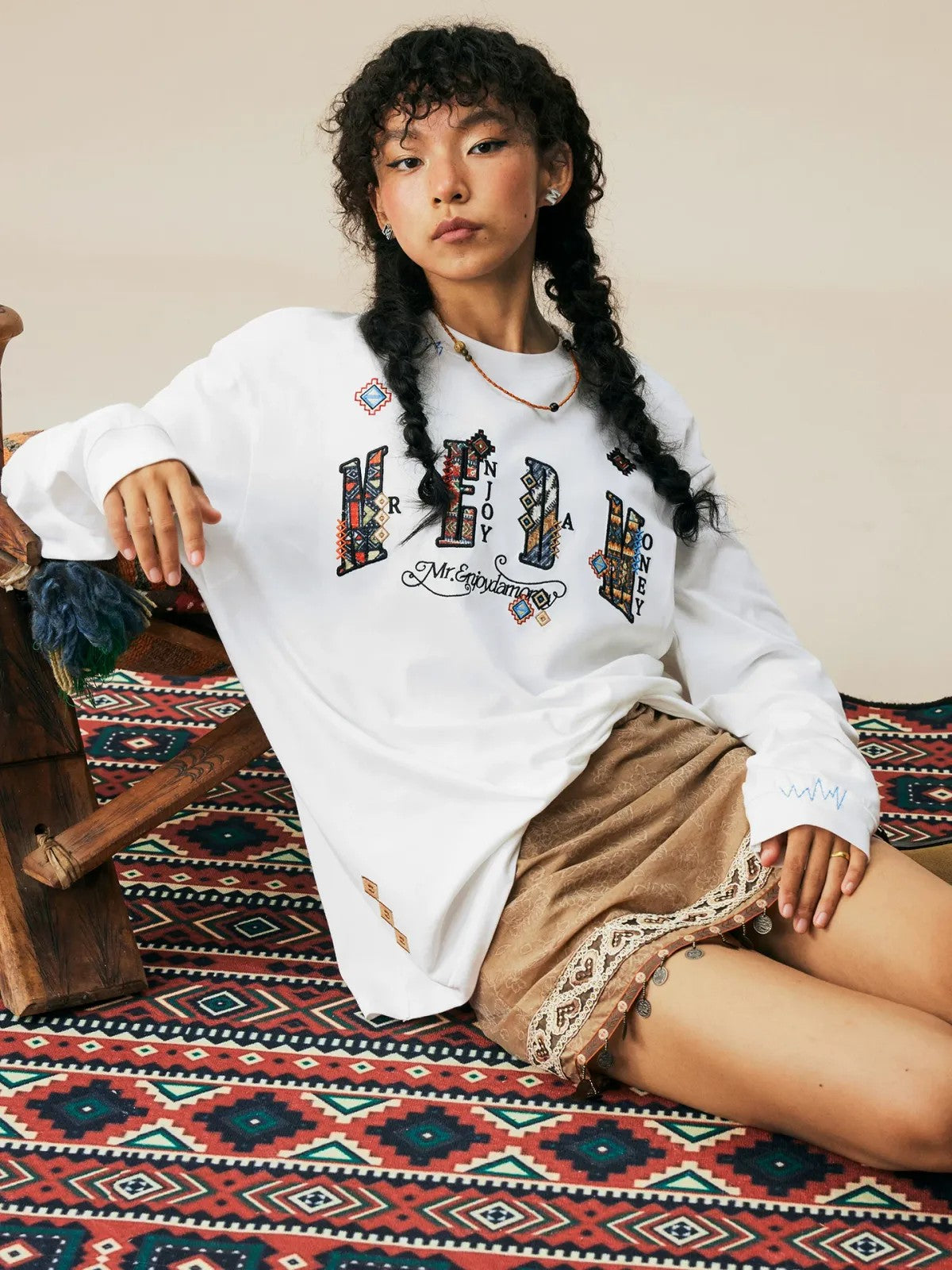 MEDM Ethnic Patchwork Long Sleeve Tee in White - On Female Model