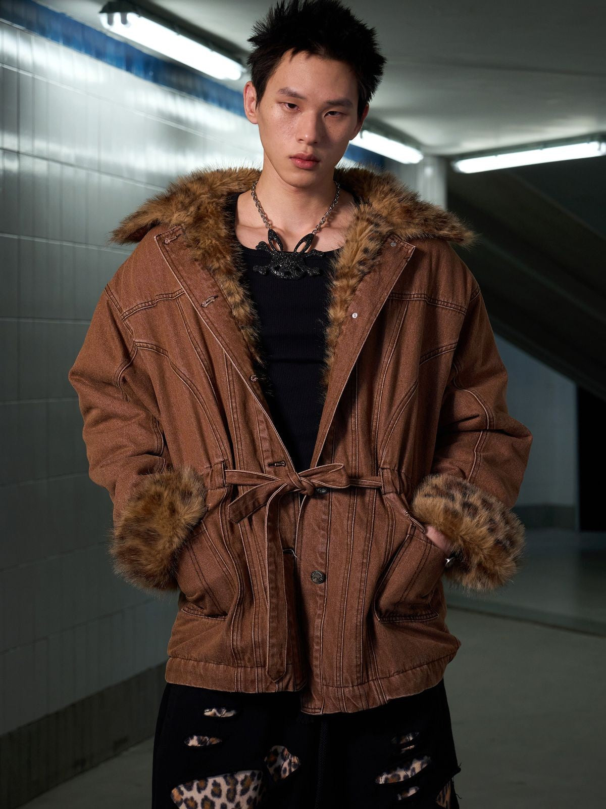 CFIERCE Leopard Lined Pink Denim Jacket in Brown - On Male Model