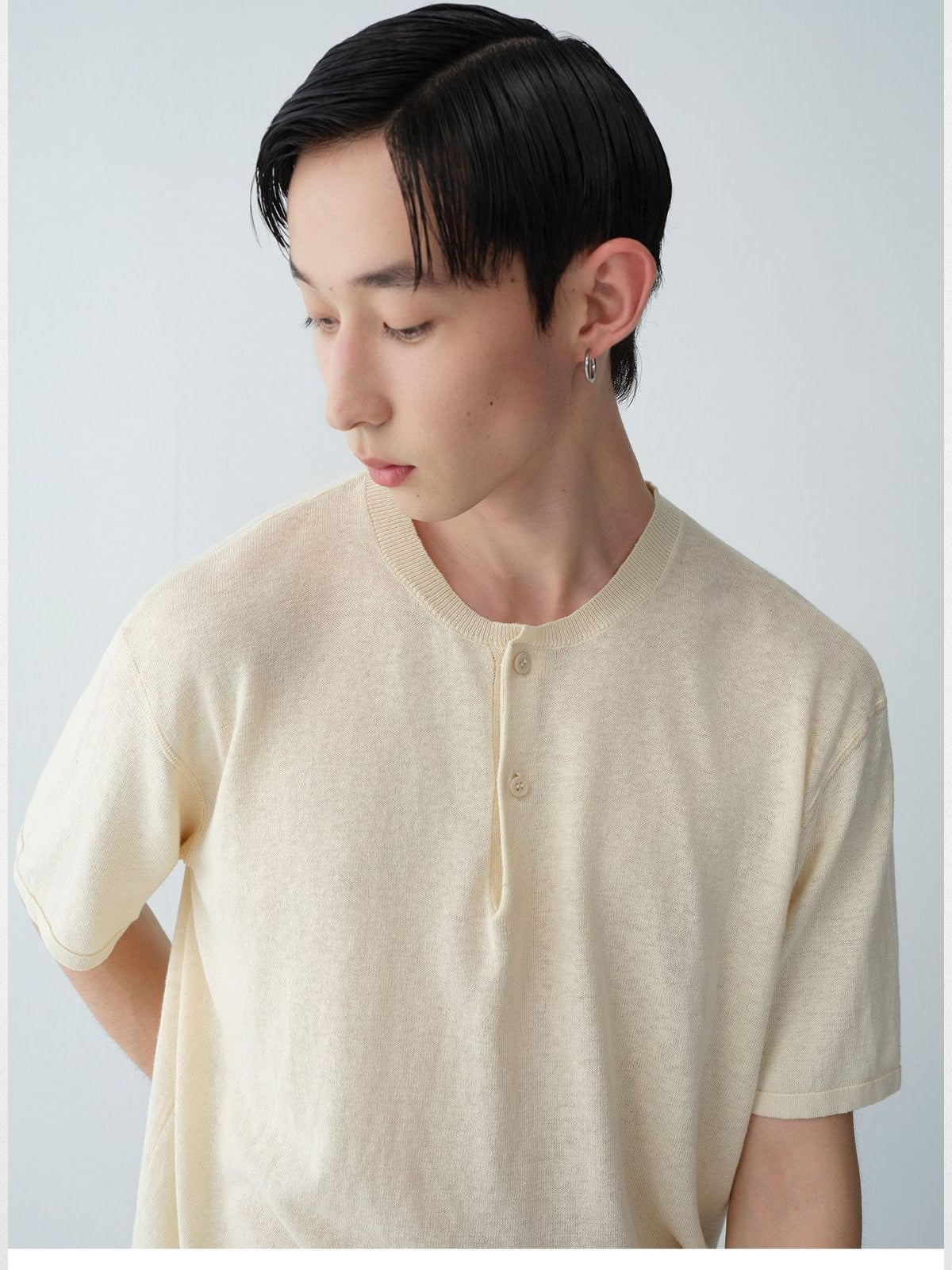 ROYA Linen Cotton Short Sleeve Henley in Cream - On Model