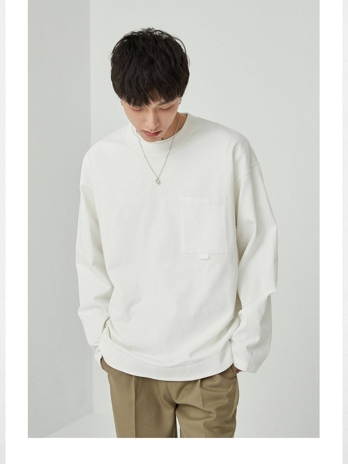 NANS Webbing Strap Pocket Long Sleeve Tee in White - On Model