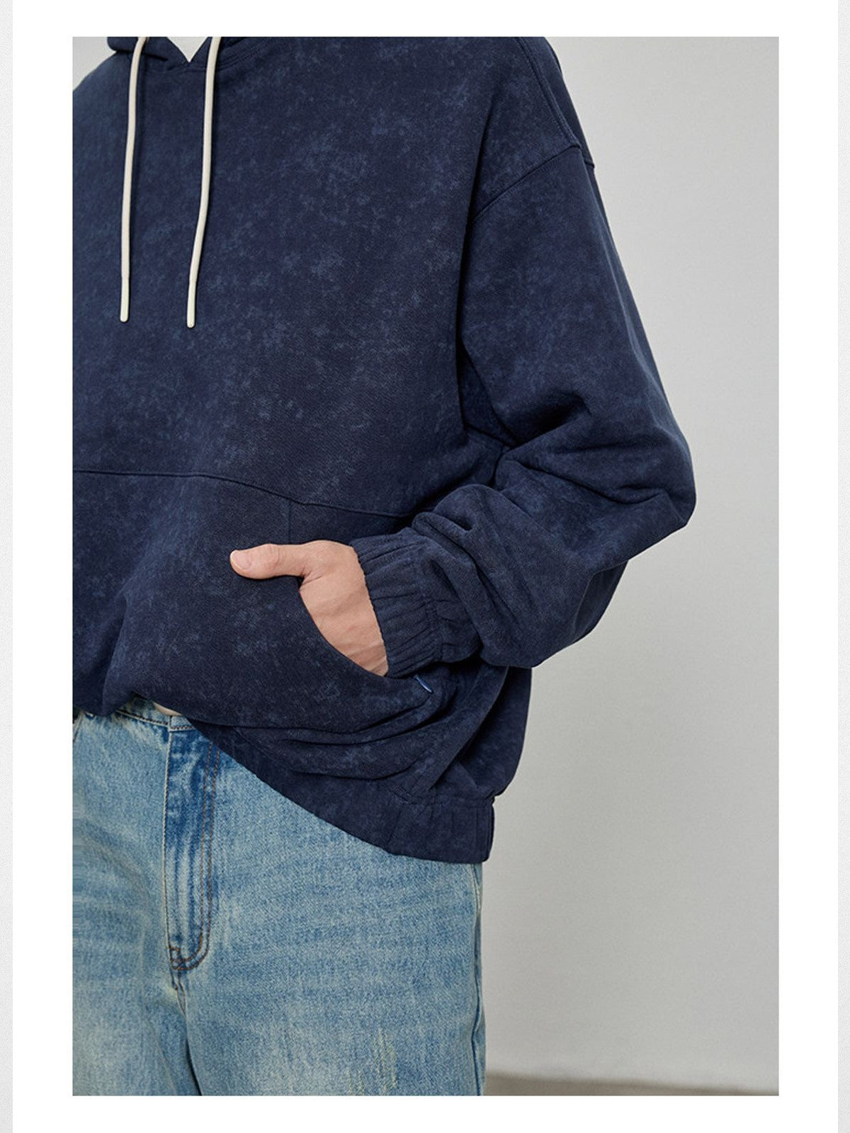 NANS Heavyweight Washed French Terry Hoodie in Navy Blue - On Model