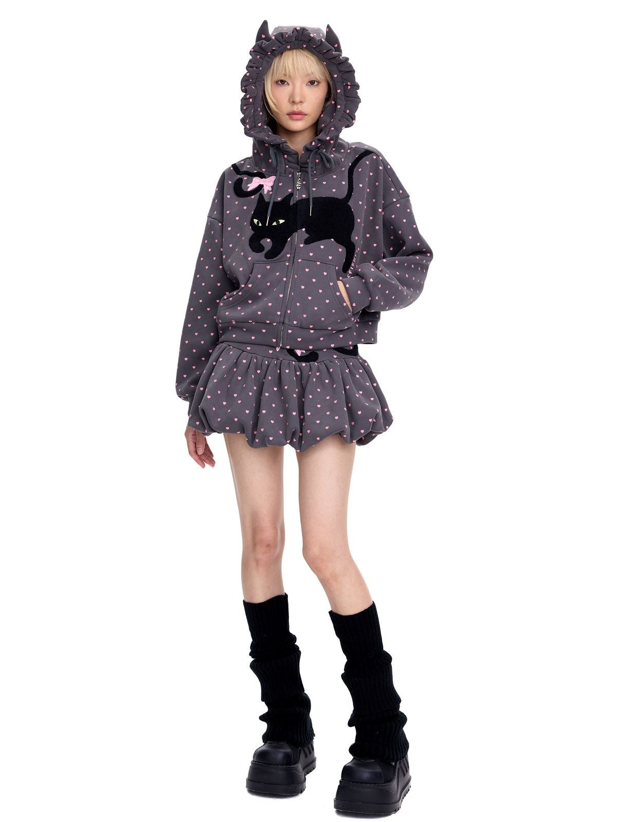 CFIERCE Heart Print Cat Ear Zip Hoodie in Gray - On Female Model