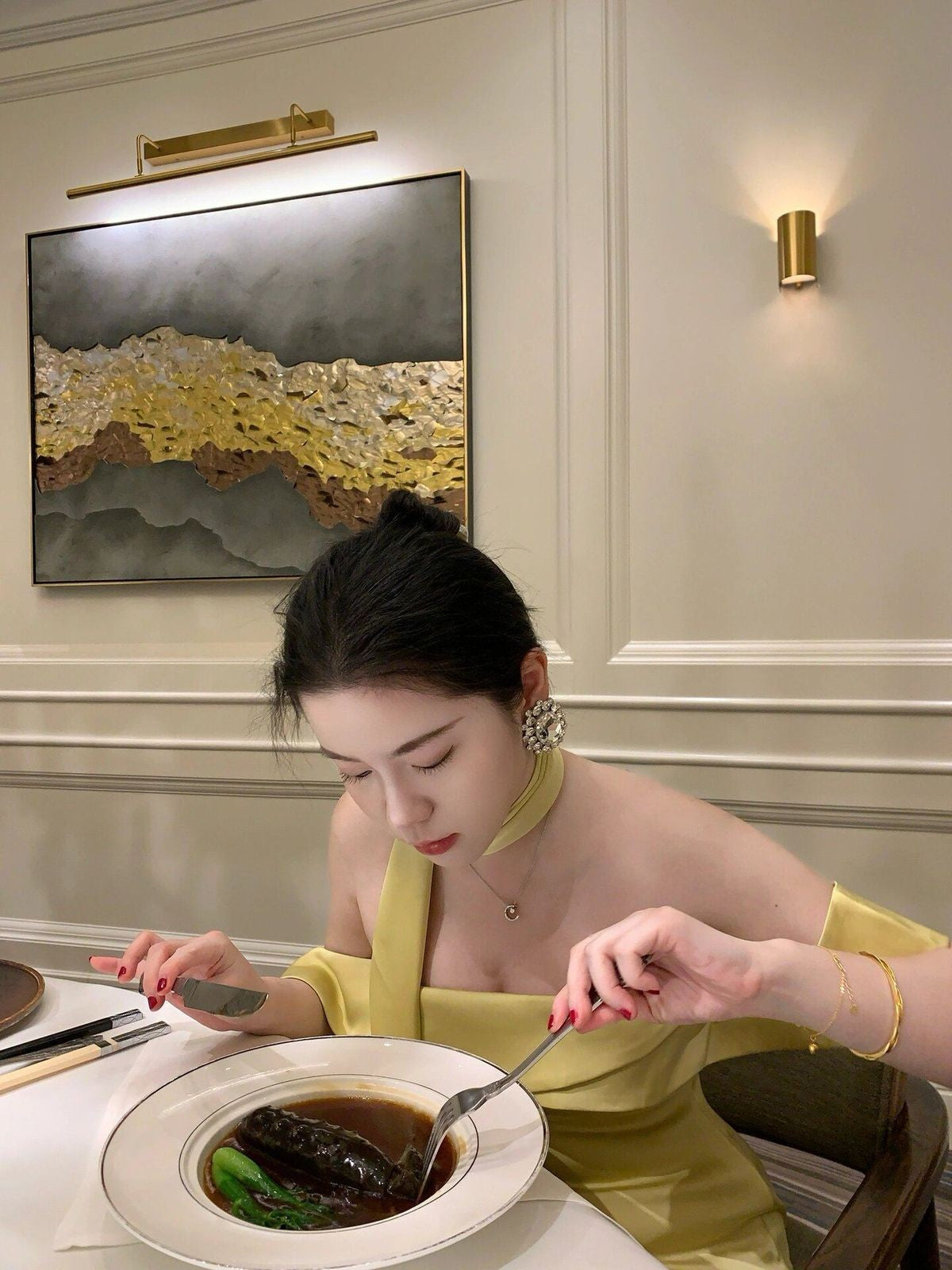 1S STUDIO Acetate Satin Strapless Dress in Yellow - On Model