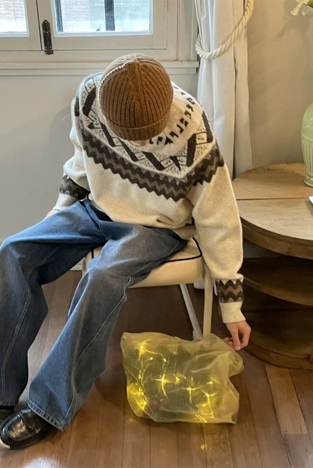 NeverSeez Fair Isle Jacquard Sweater in White - On Model