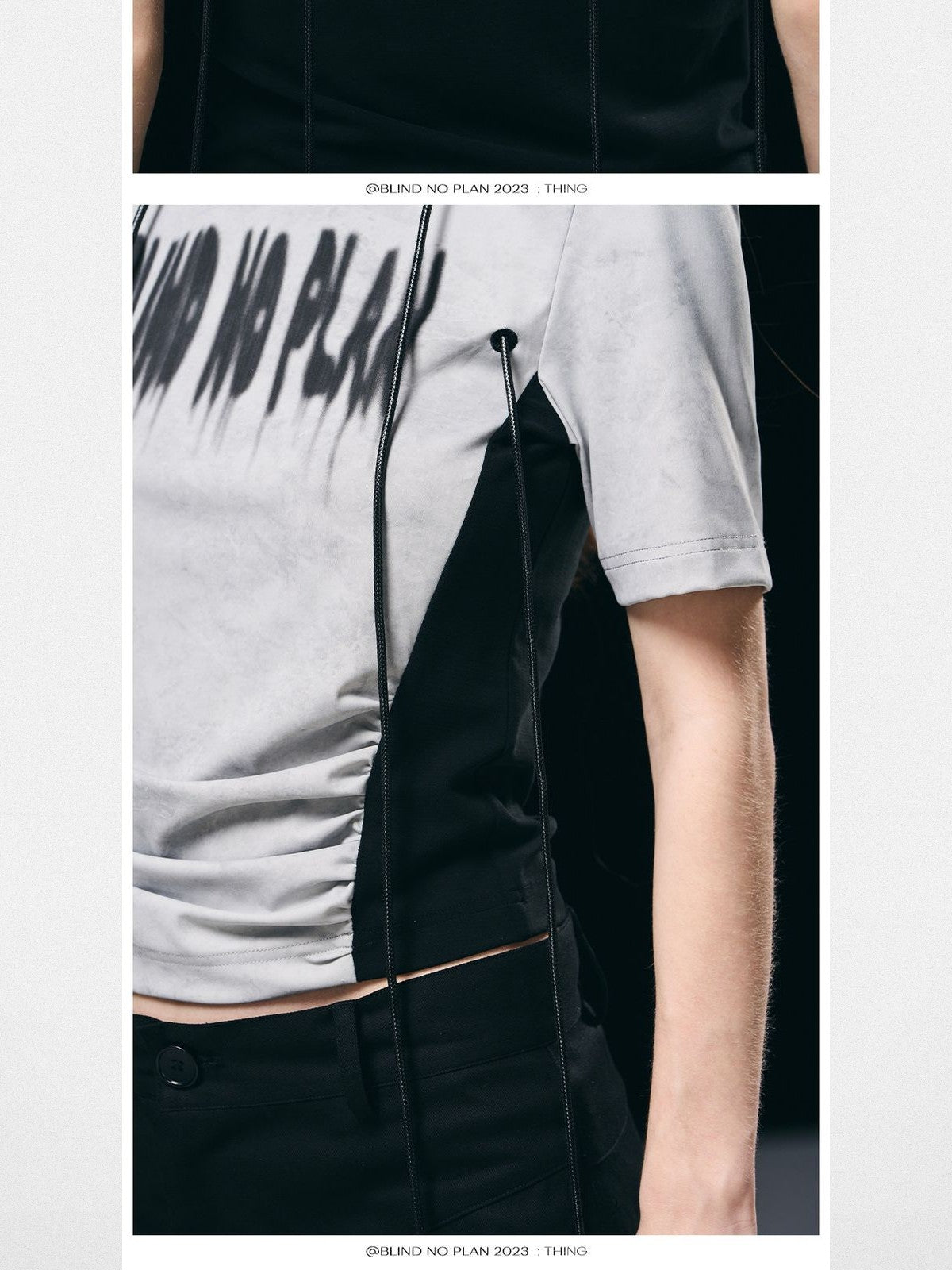 BLINDNOPLAN Contrast Panel Ruched Graphic Tee in White - On Model