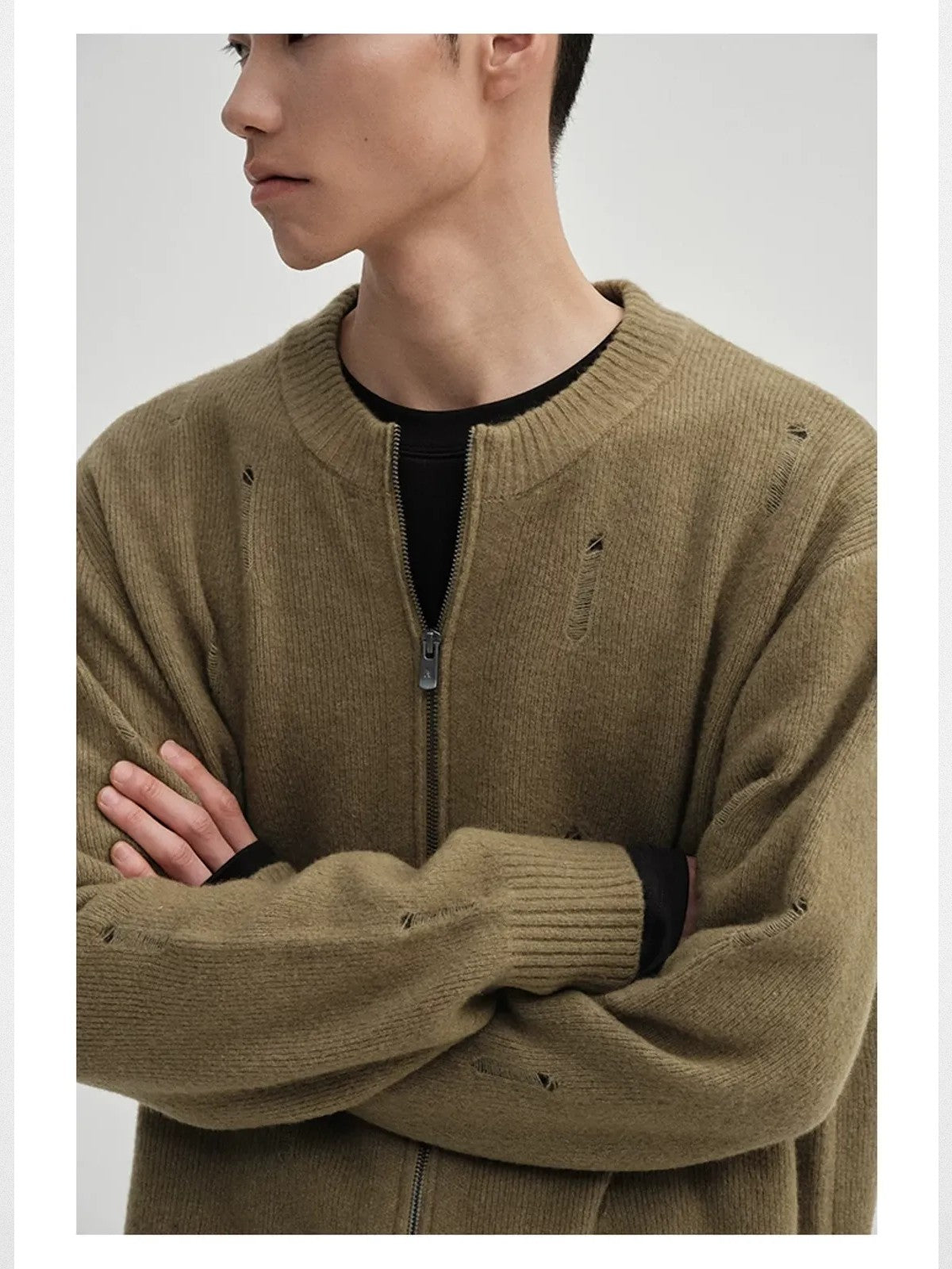 NANS Distressed Yak Wool Zip Cardigan in Olive - Detail