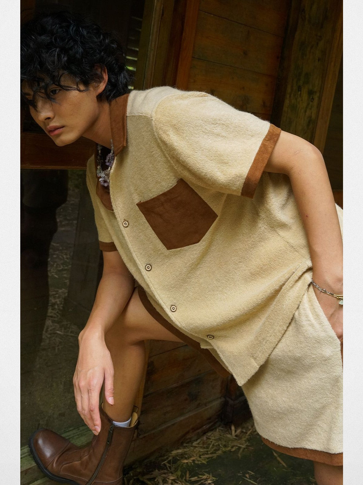 Retro 21 Spliced Wool Blend Knit Shirt in Cream - On Model