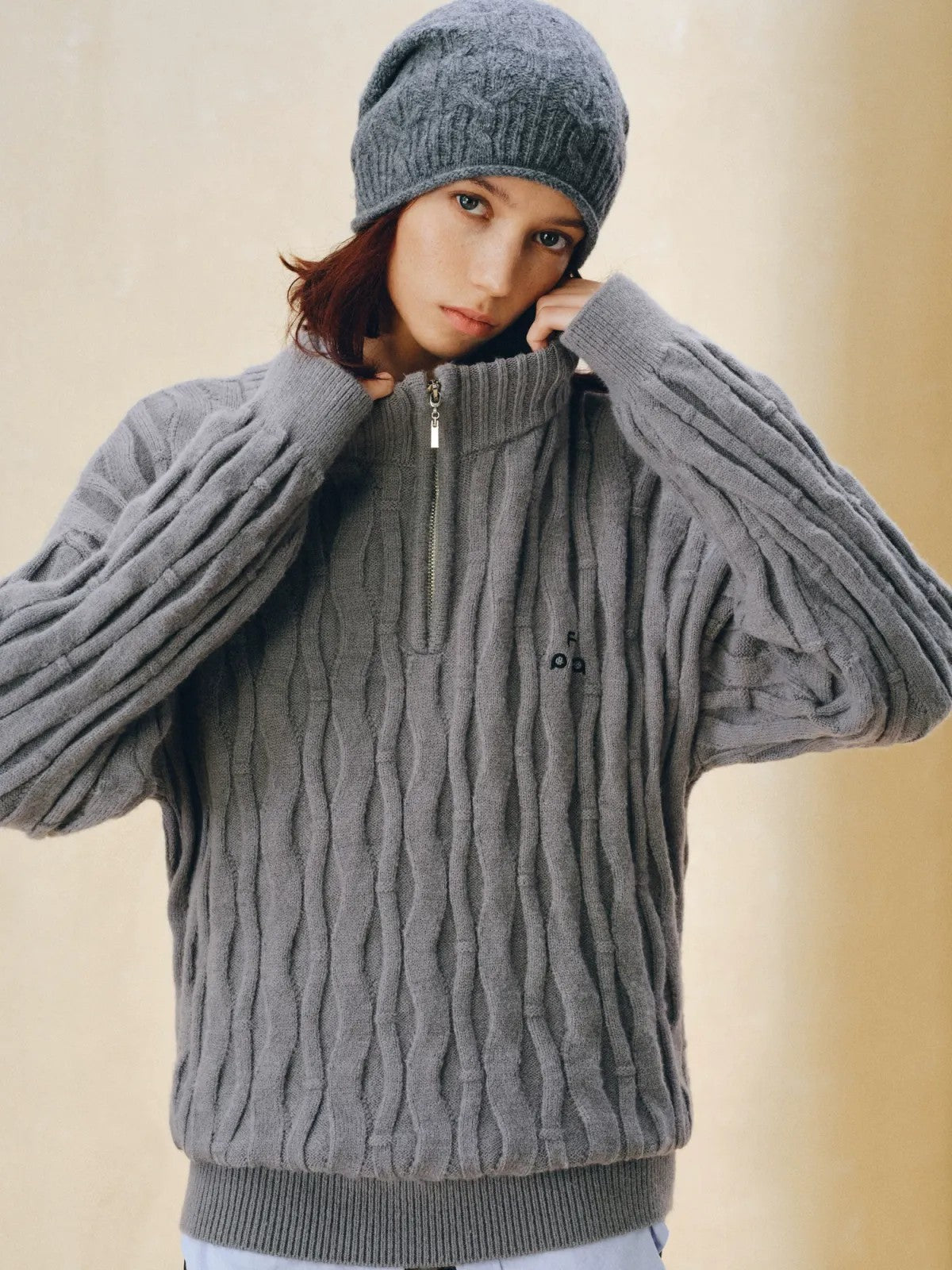 FPA Half Zip Cable Knit Pullover in Gray - On Model