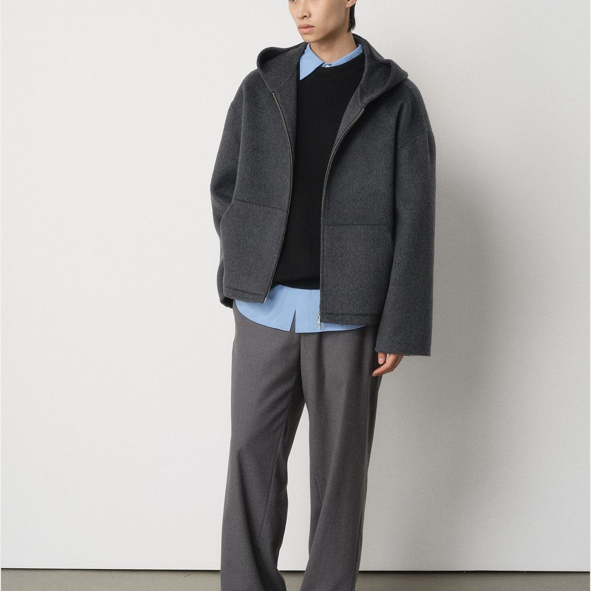 ROYA Cashmere Wool Hooded Short Coat in Charcoal - On Model