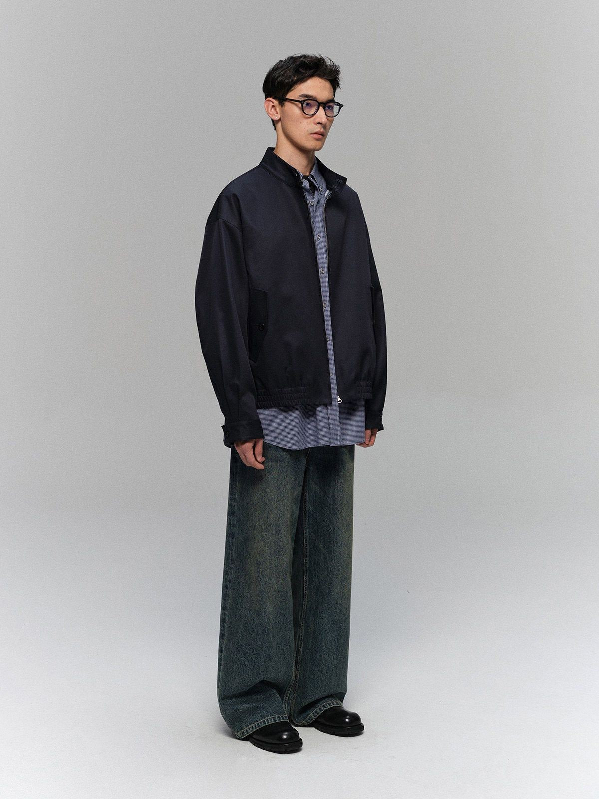 NANS Menswear Reversible Plaid Harrington Jacket in Navy Blue - On Model