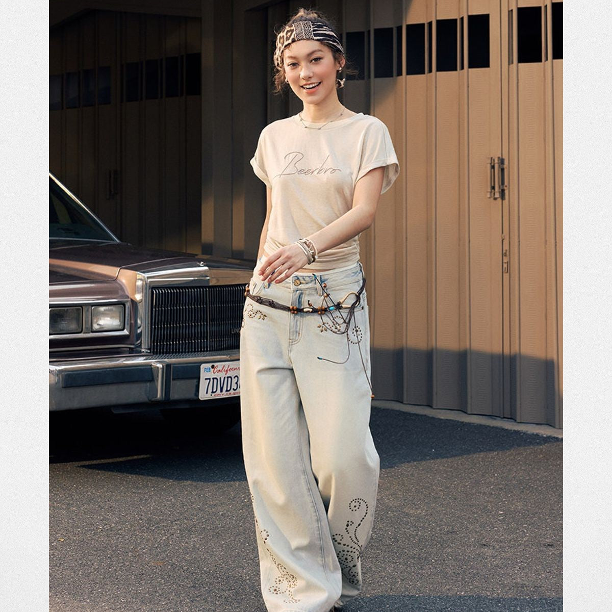 BeerBro Embroidered Tencel Cinched Tee in Cream - On Model