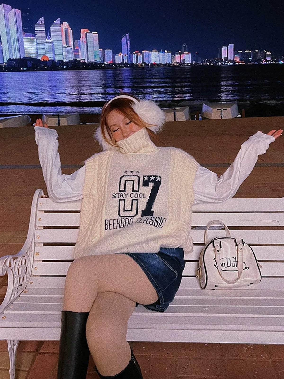 BeerBro Graphic Cable Knit Turtleneck Vest in Beige - Lifestyle