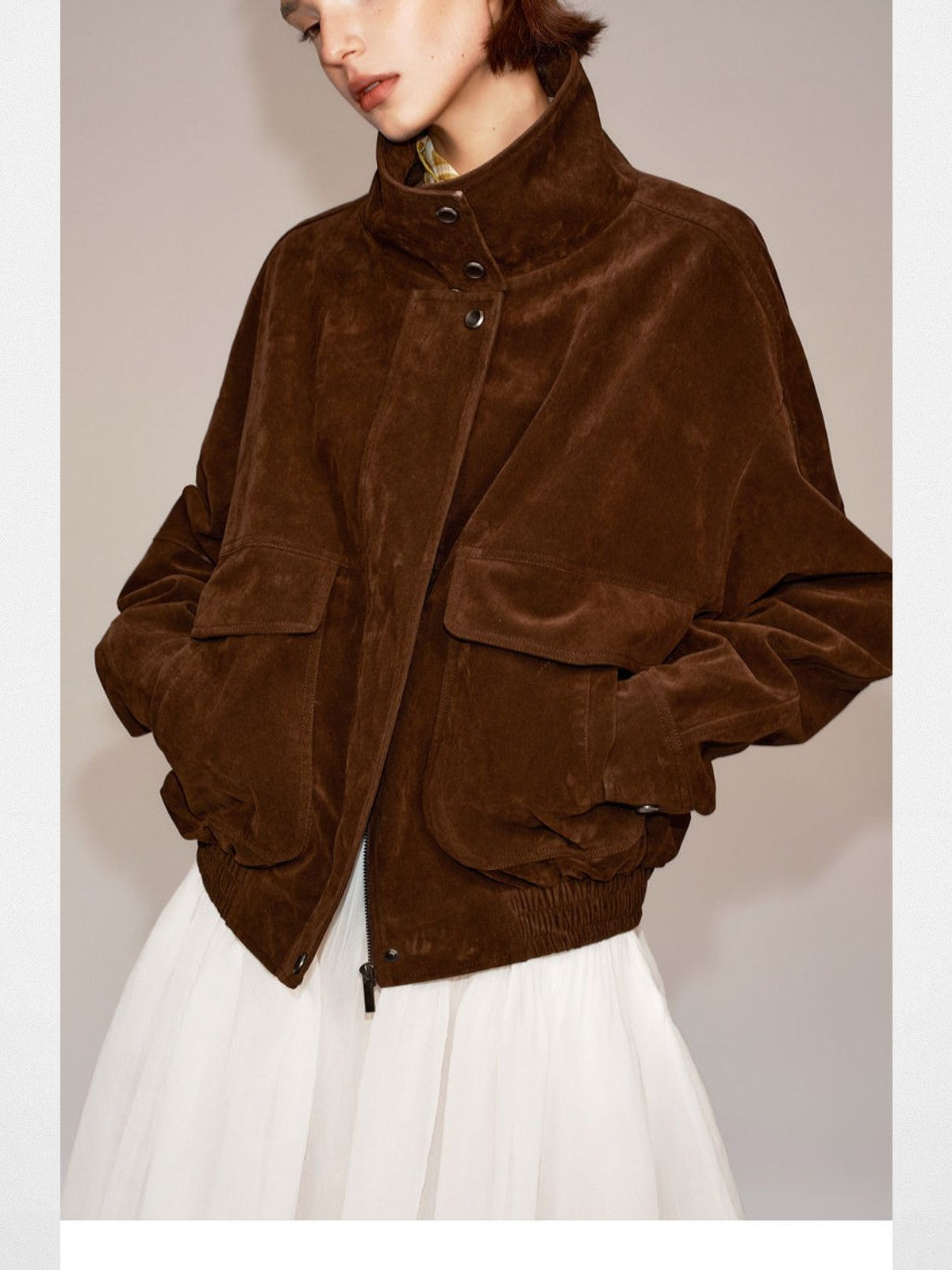 PUKI Cropped Sueded Stand Collar Jacket in Brown - On Model