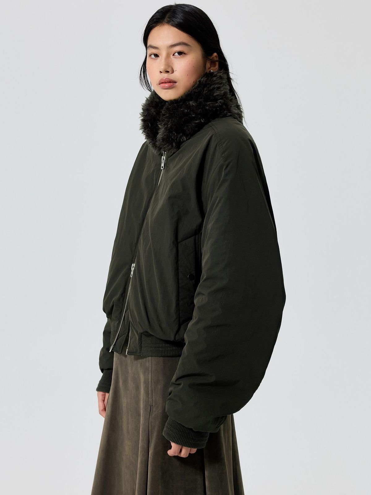 Simple Project Faux Fur Shawl Collar Padded Jacket in Green - On Female Model