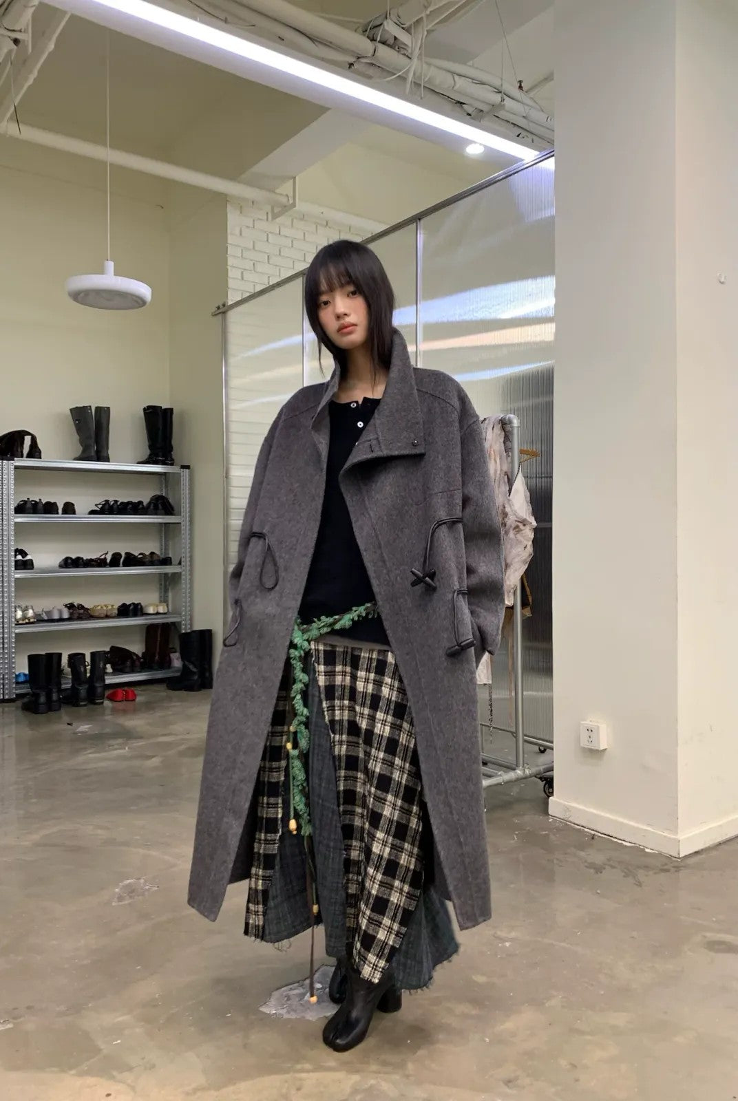 NeverSeez Spliced Plaid Linen Maxi Skirt in Black - On Model