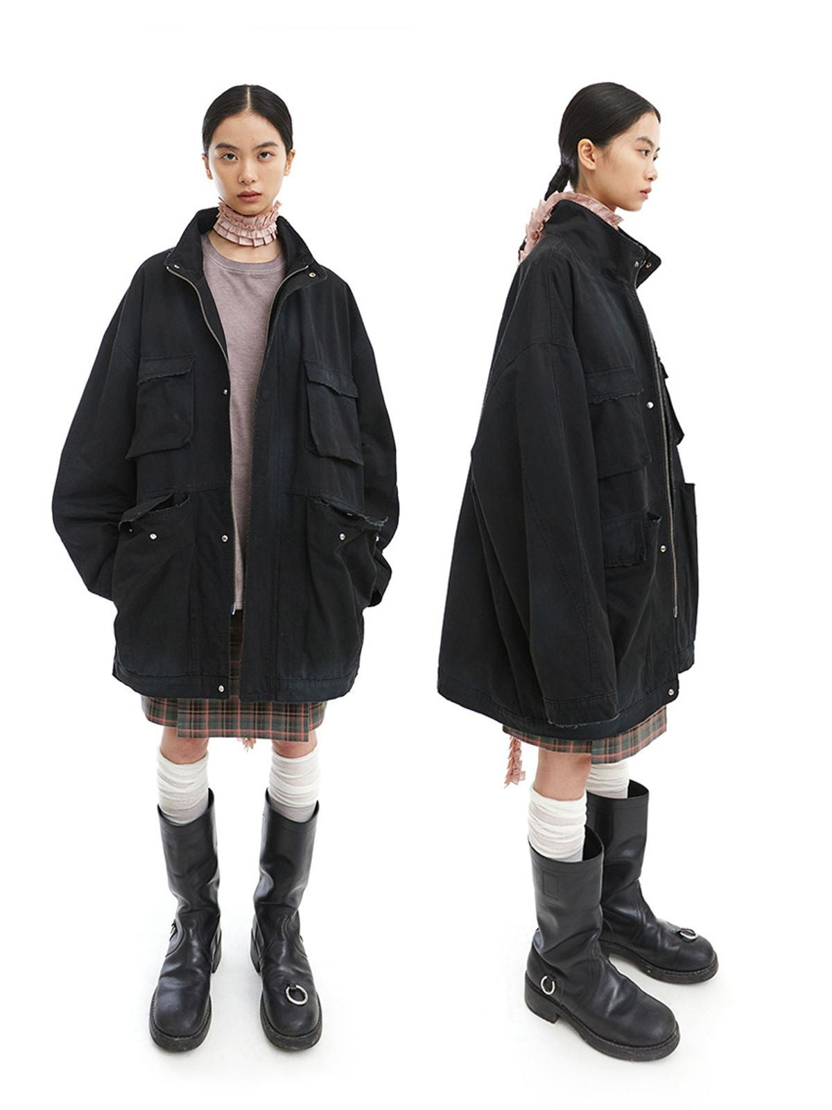 NeverSeez Distressed Cotton Barn Jacket in Black - On Female Model