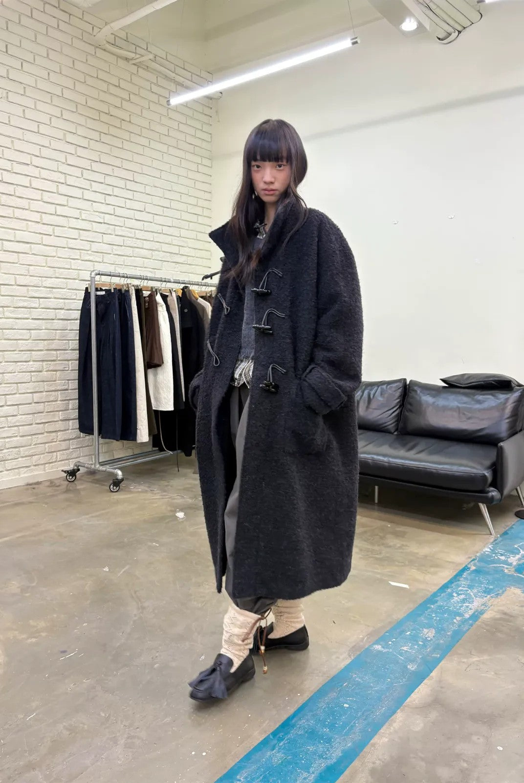 NeverSeez Boucl Wool Duffle Coat in Black
