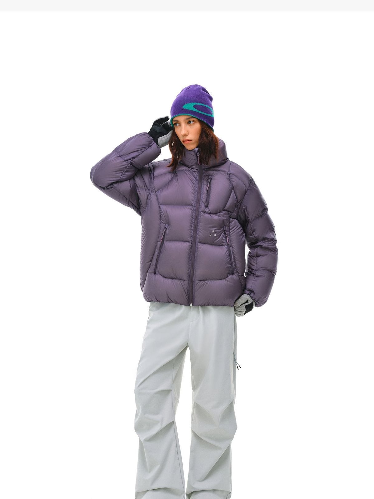 FPA Stand Collar Goose Down Puffer in Purple - On Female Model