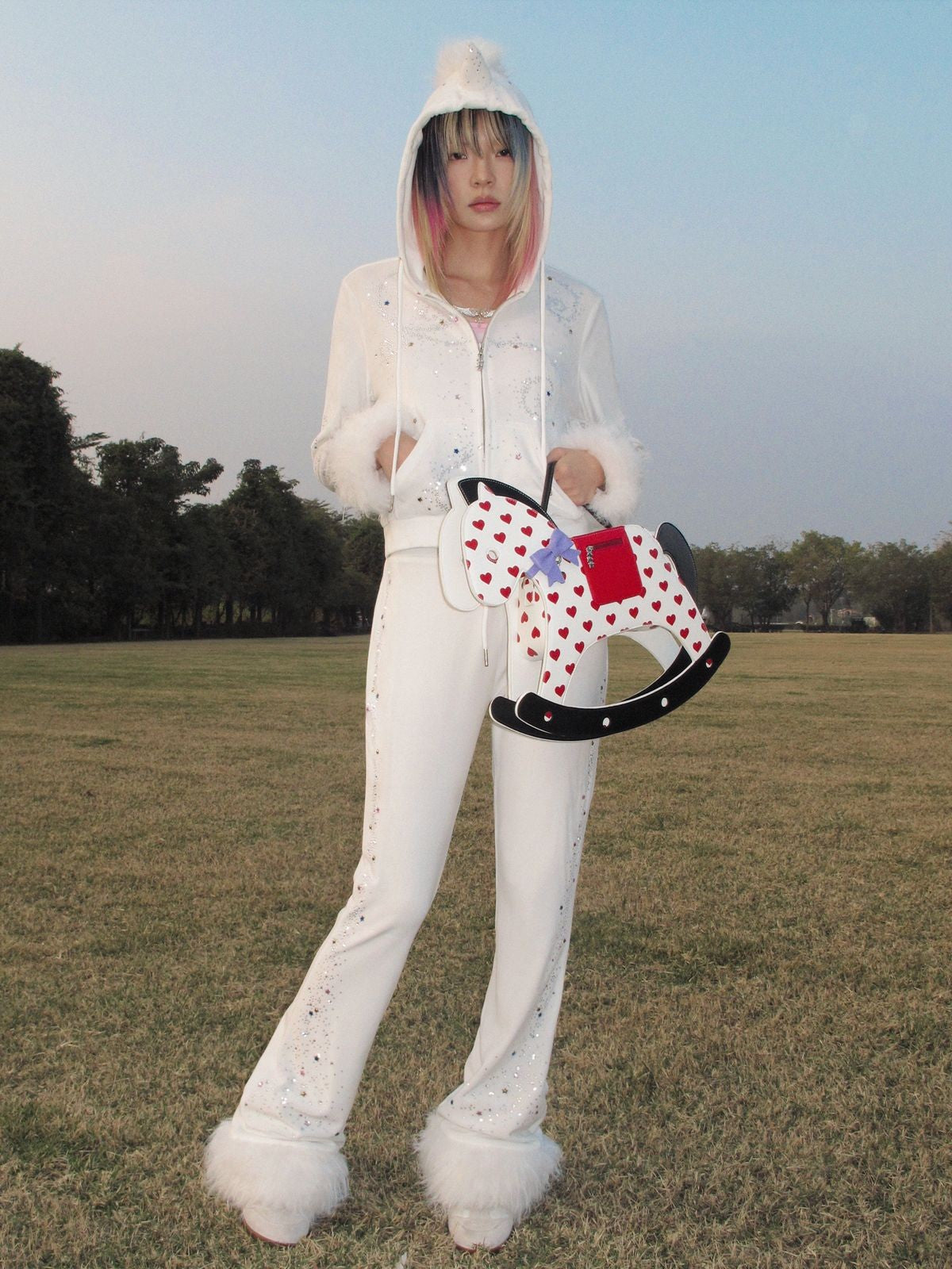 CFIERCE Rhinestone Velvet Flared Pants in White - On Model