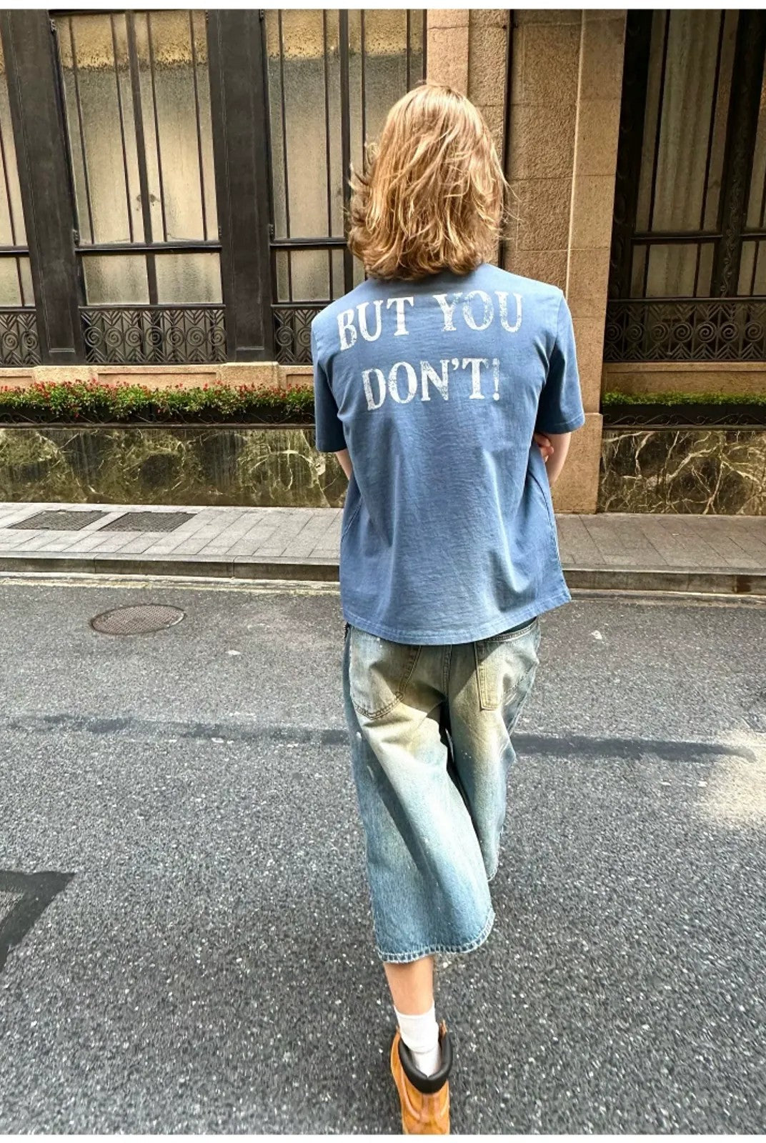 VLABMADE Mud Dyed Splatter Cropped Jeans in Blue - On Model