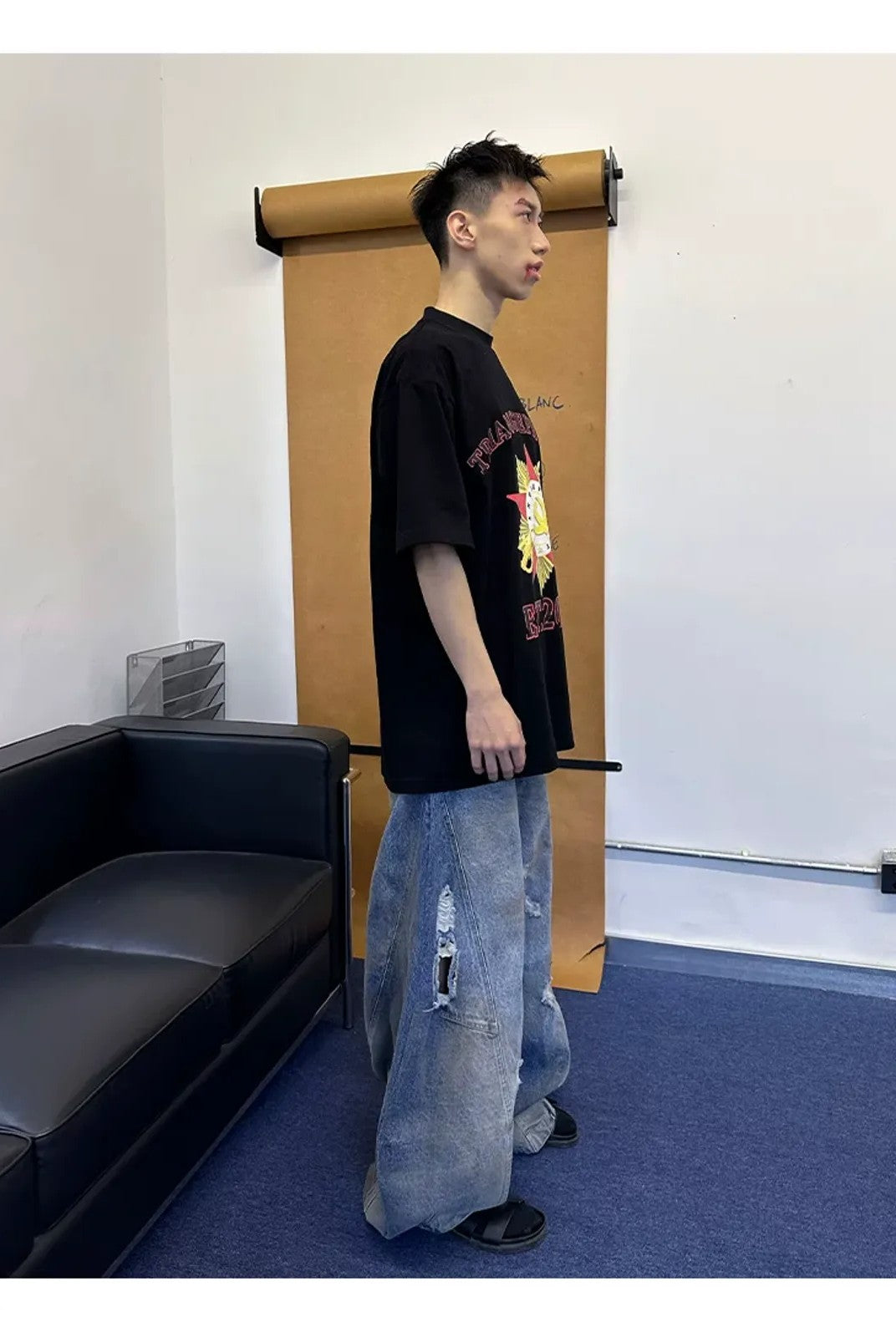 TRIANGLE PROJECT Distressed Dirty Dye Patchwork Jeans in Denim - On Model