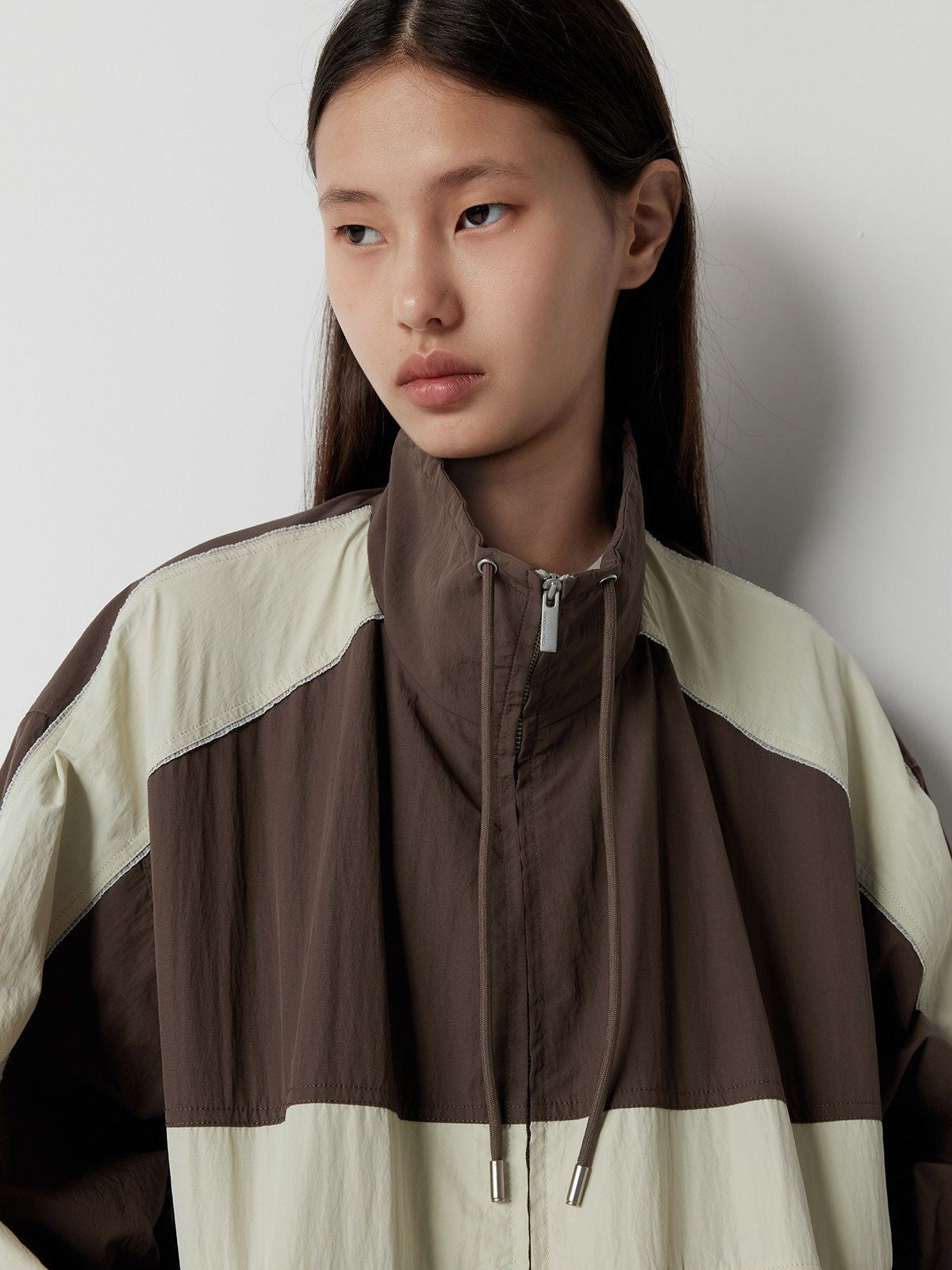 RandomPiece Color Block Stand Collar Jacket in Brown - On Model