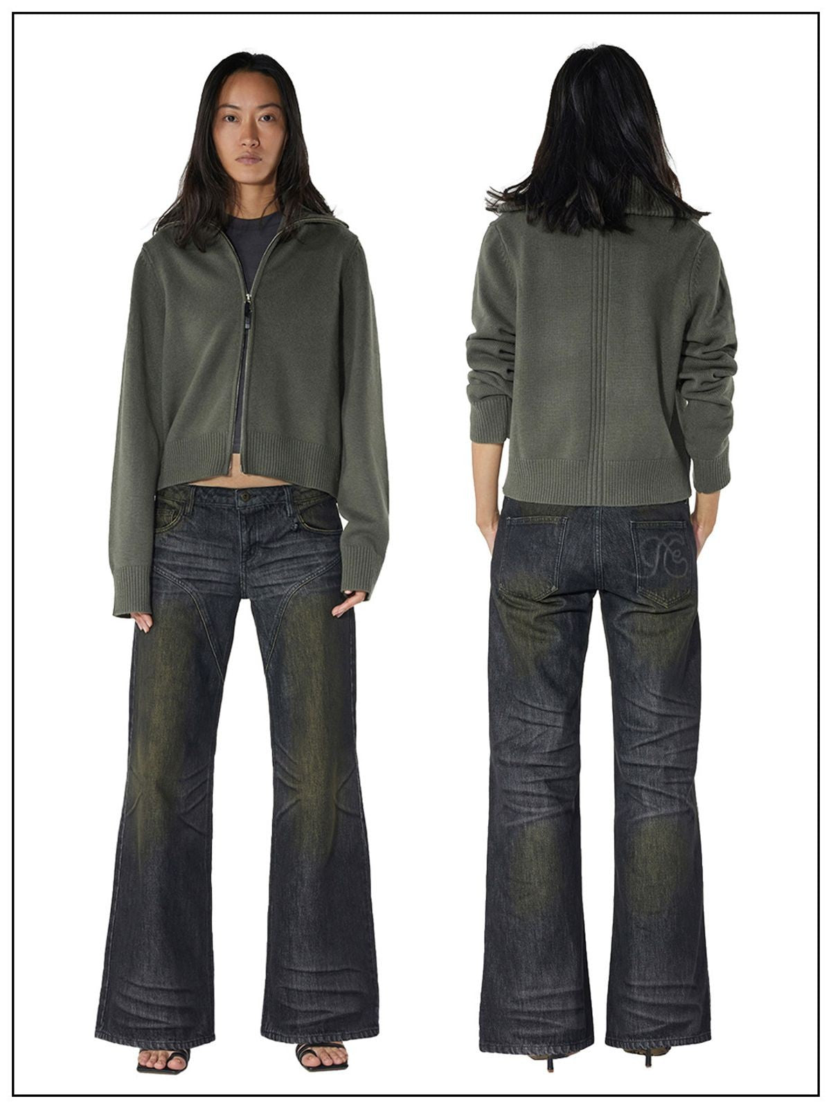 FaxCopyExpress Wool Stand Collar Zip Cardigan in Olive - On Female Model