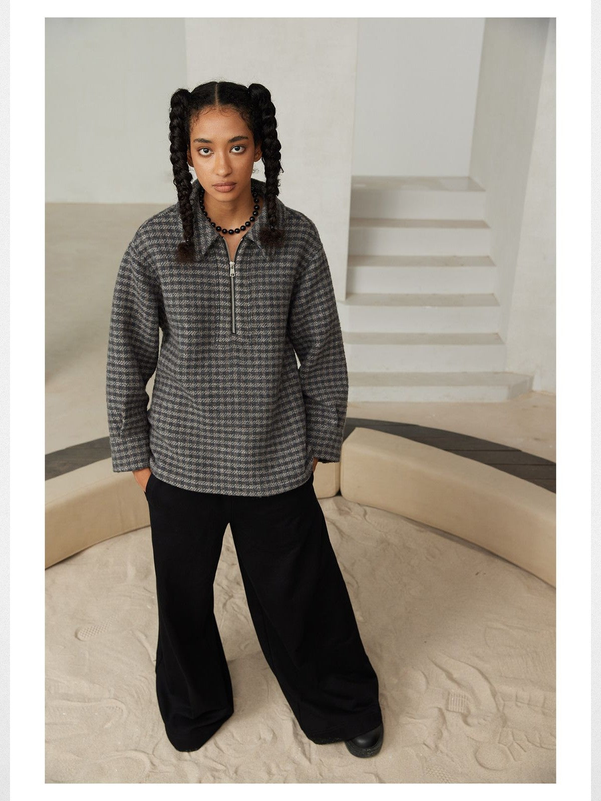 alright then Houndstooth Wool Blend Half Zip Jacket in Gray - On Model