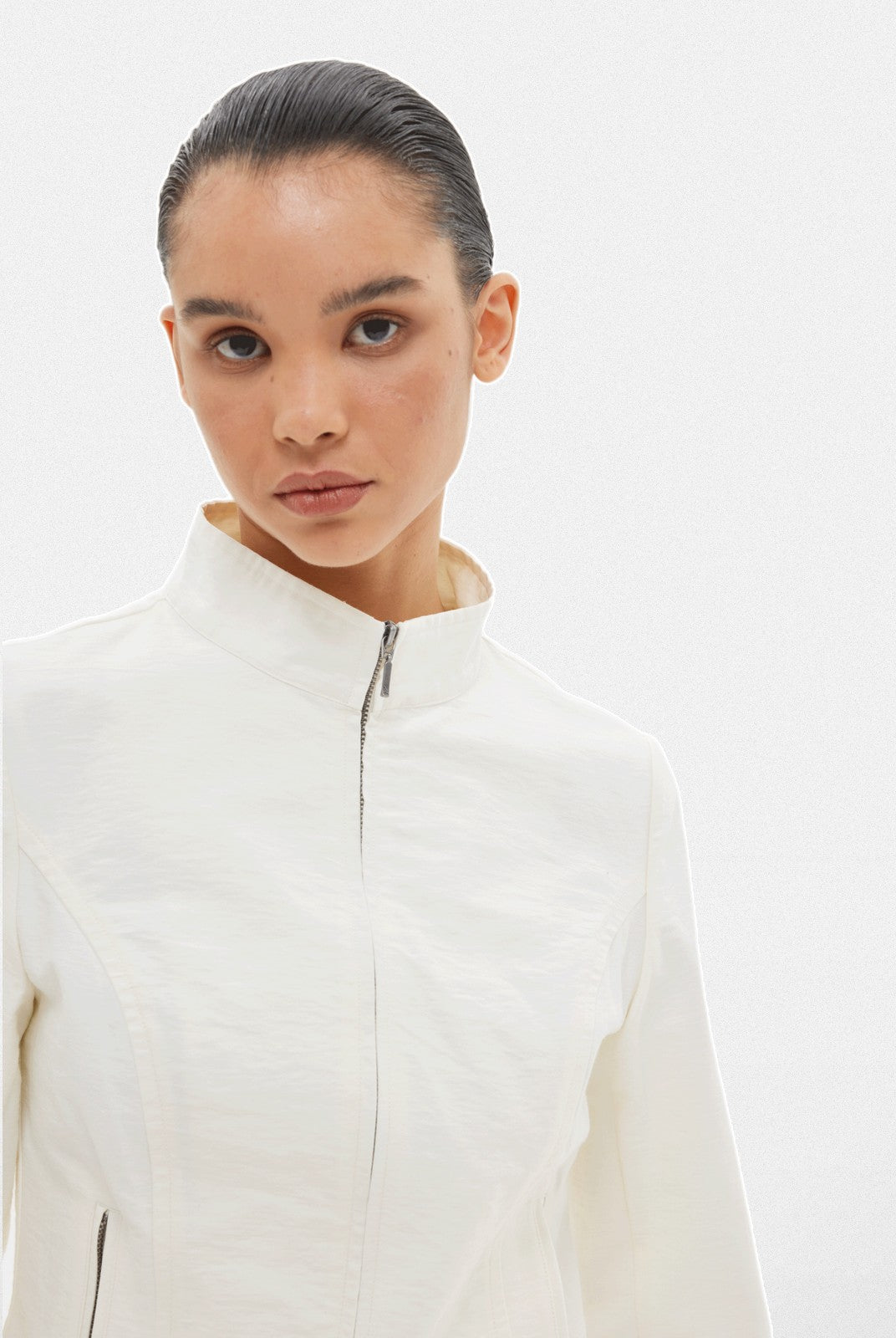 Alright then Textured Cotton Biker Jacket in White - On Model