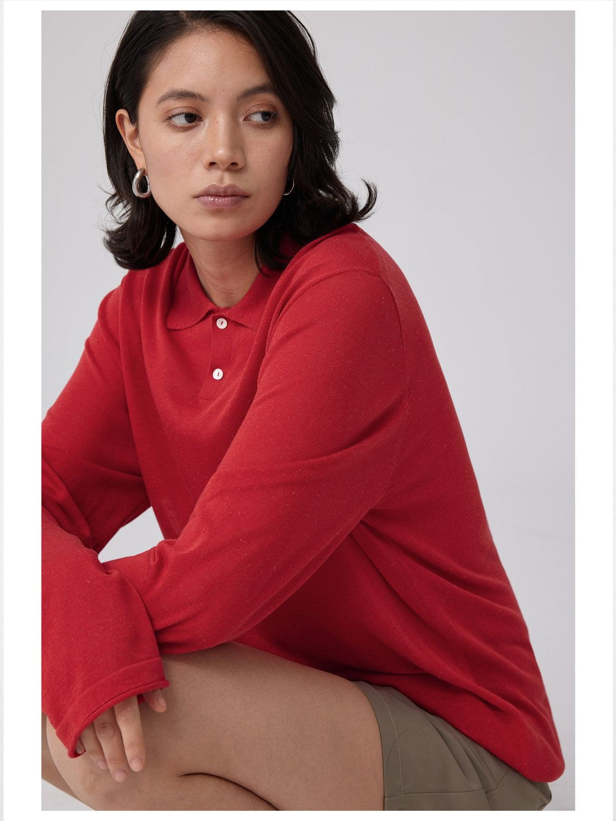 Simple Project Semi Sheer Linen Blend Knit Polo in Red - On Female Model
