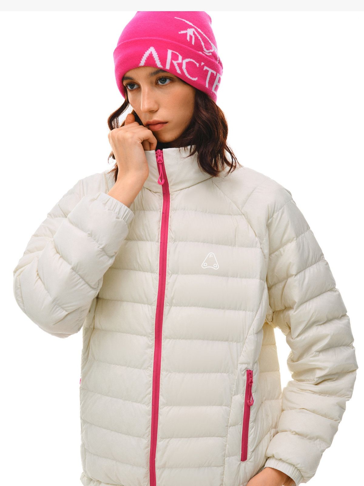 FPA Contrast Zip Down Puffer in White - On Female Model