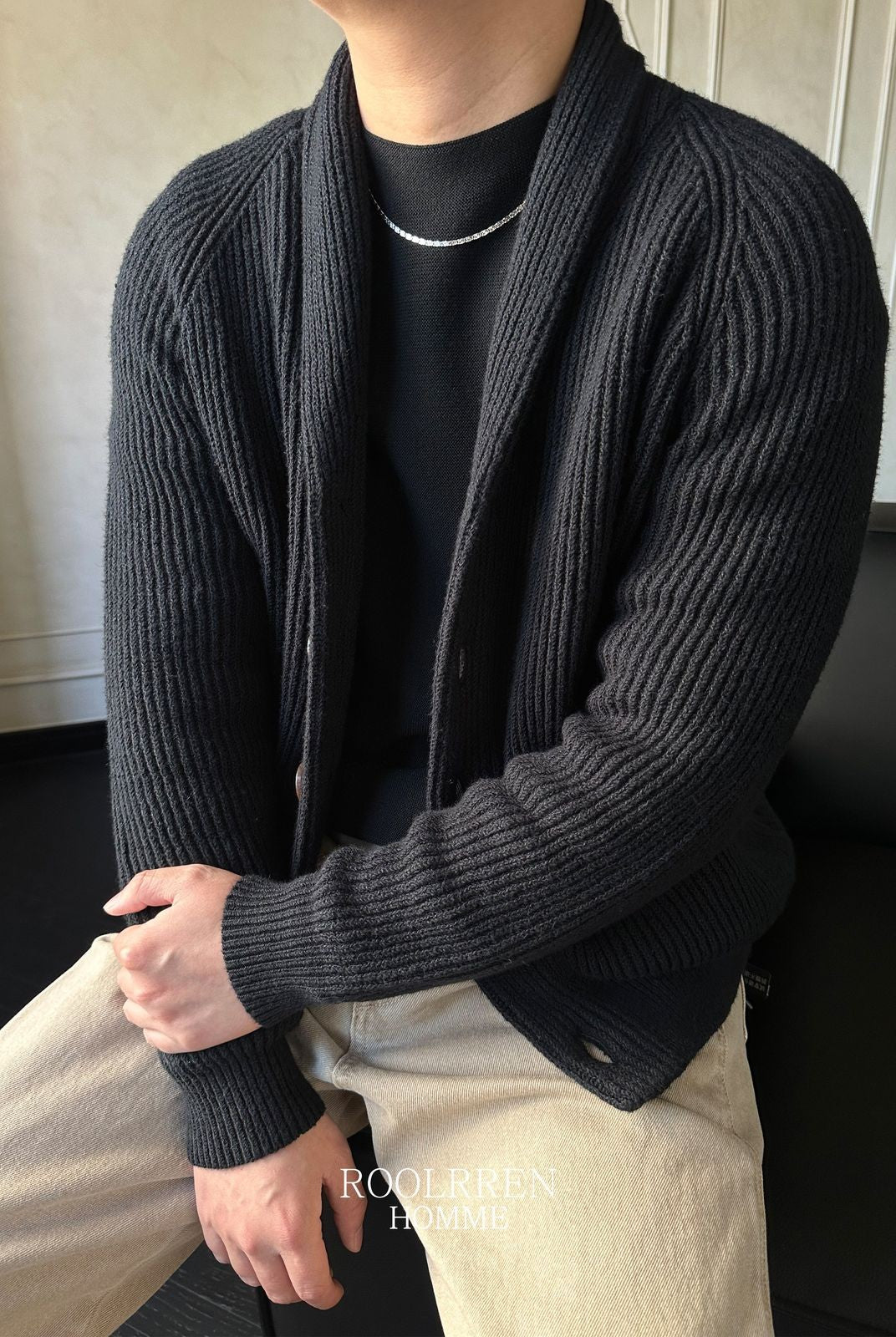 Roolrren Homme Shawl Collar Cotton Blend Cardigan in Black - On Model