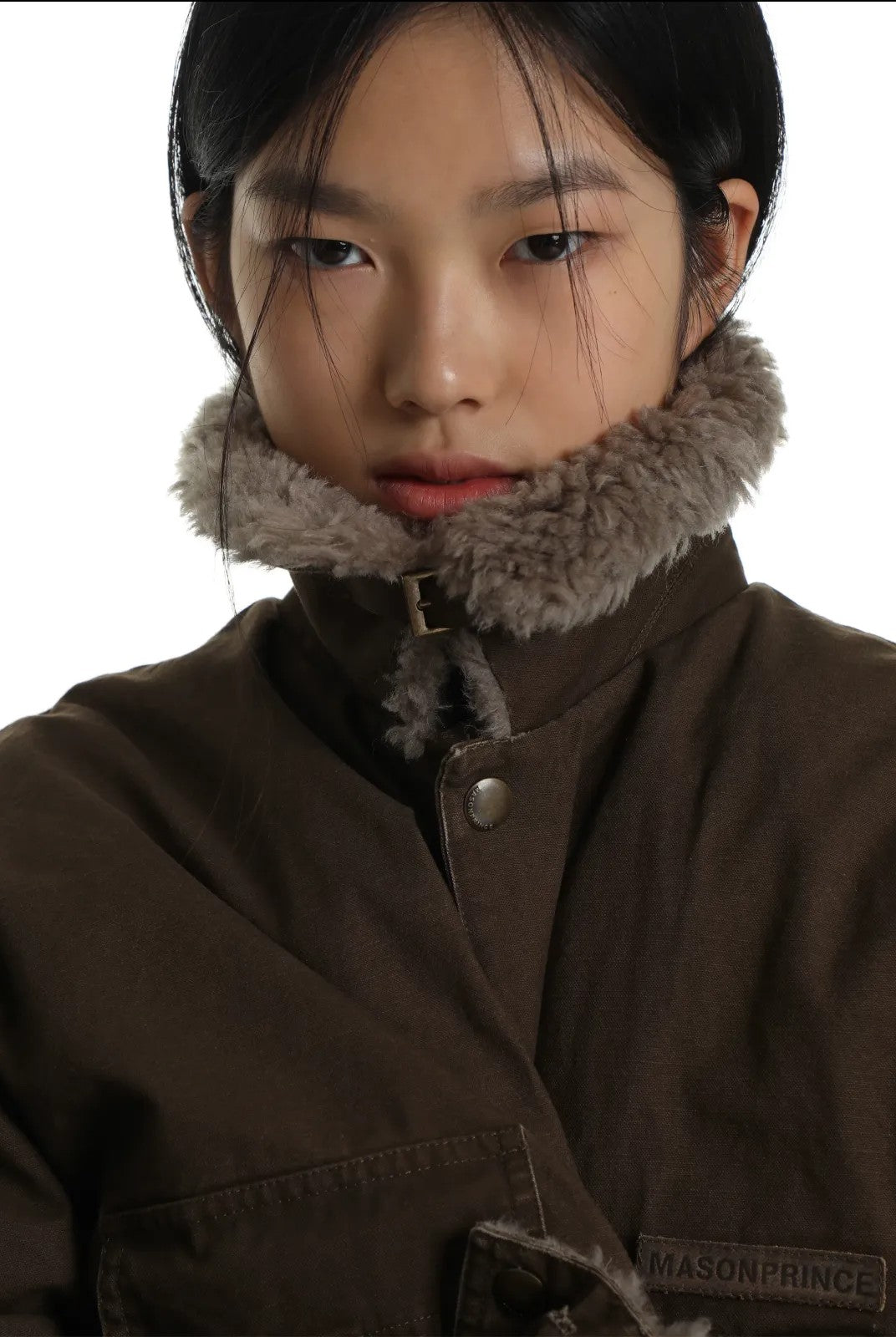 MASONPRINCE Sherpa Collar Utility Down Jacket in Green - On Female Model#color_green