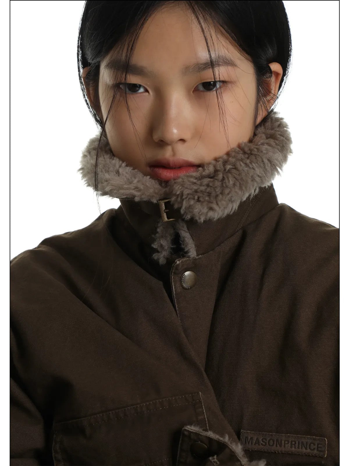 MASONPRINCE Sherpa Collar Utility Down Jacket in Green - On Model