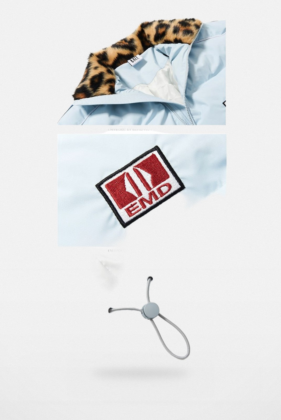 BLINDNOPLAN Leopard Collar Puffer Jacket in Sky Blue - Detail