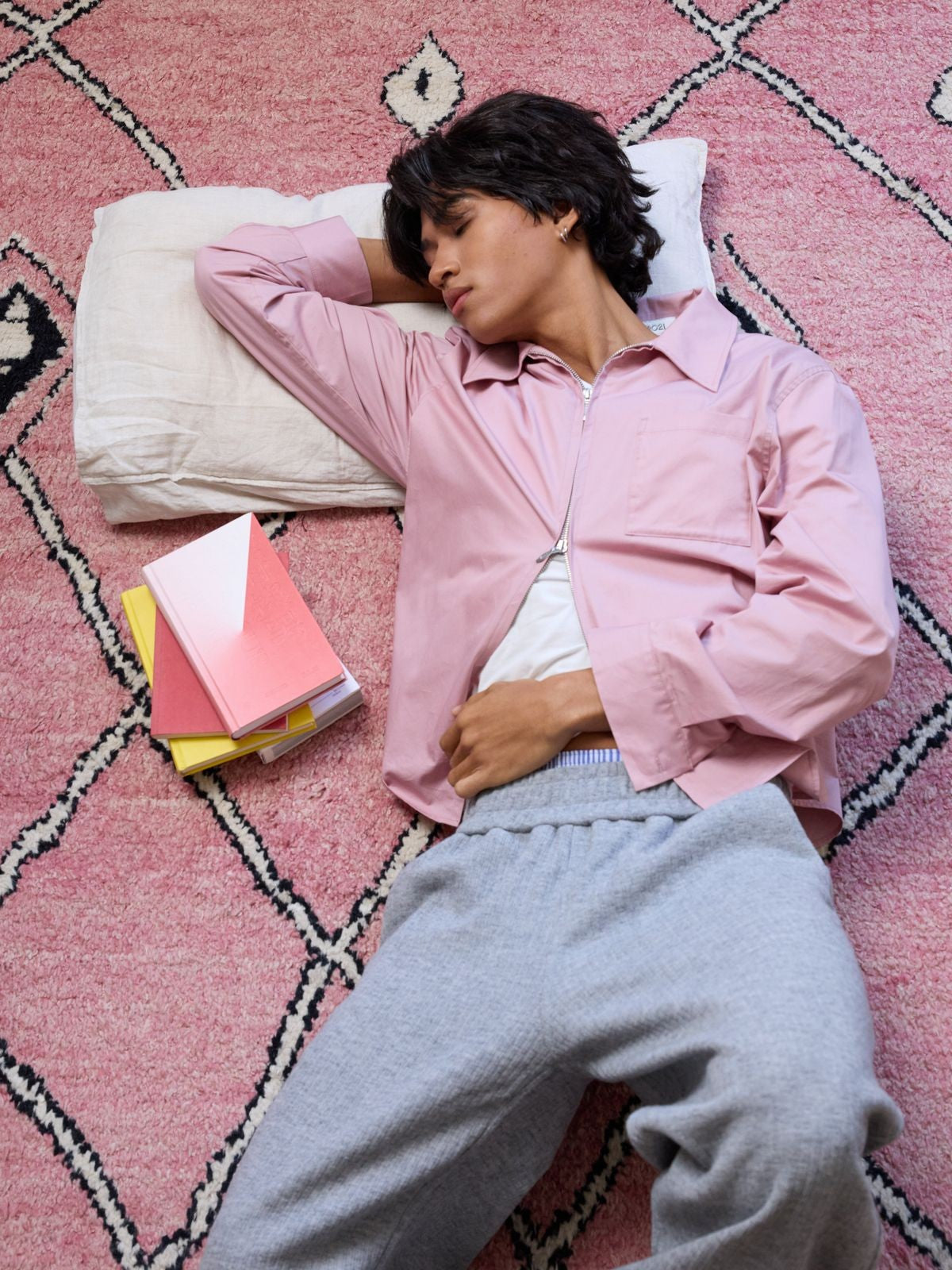 Retro 21 Pink Beige Double Zip Cotton Shirt in Off-White - On Model