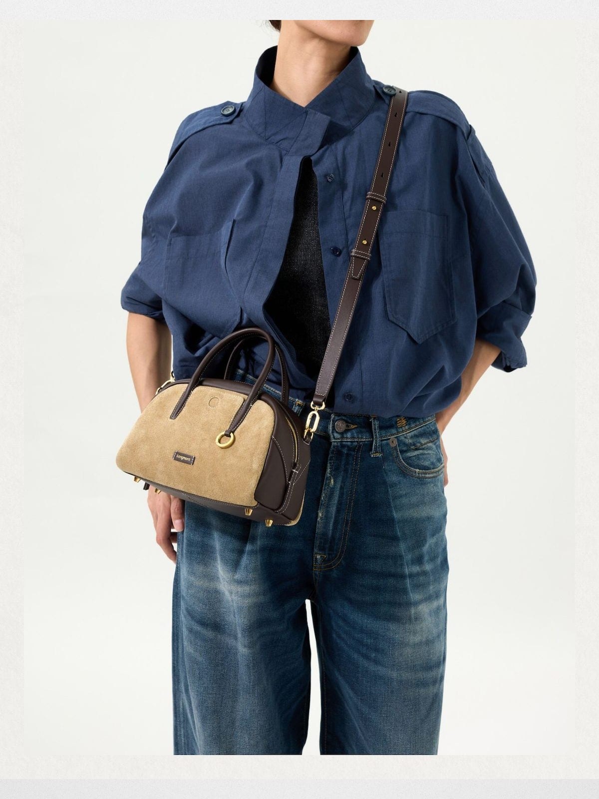 Songmont Leather Mini Bowling Bag in Beige - On Model