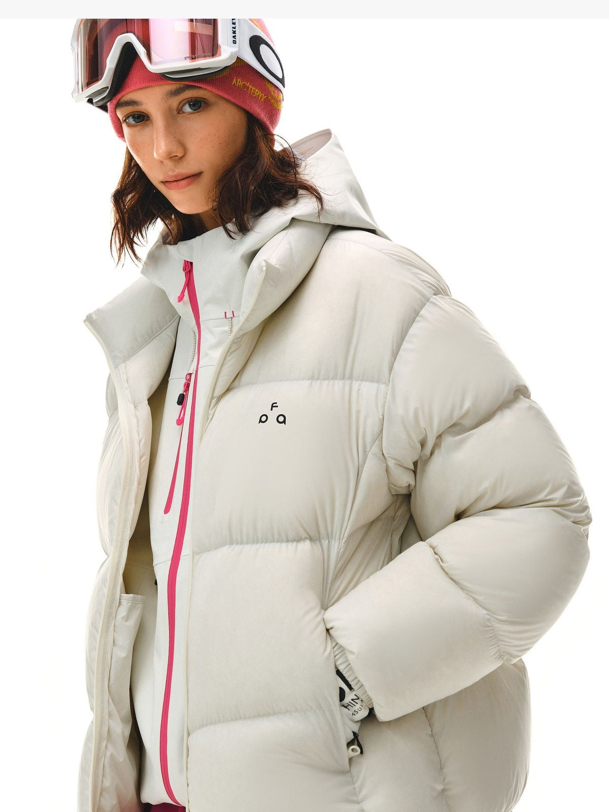 FPA Logo Print Down Puffer Jacket in White - On Female Model