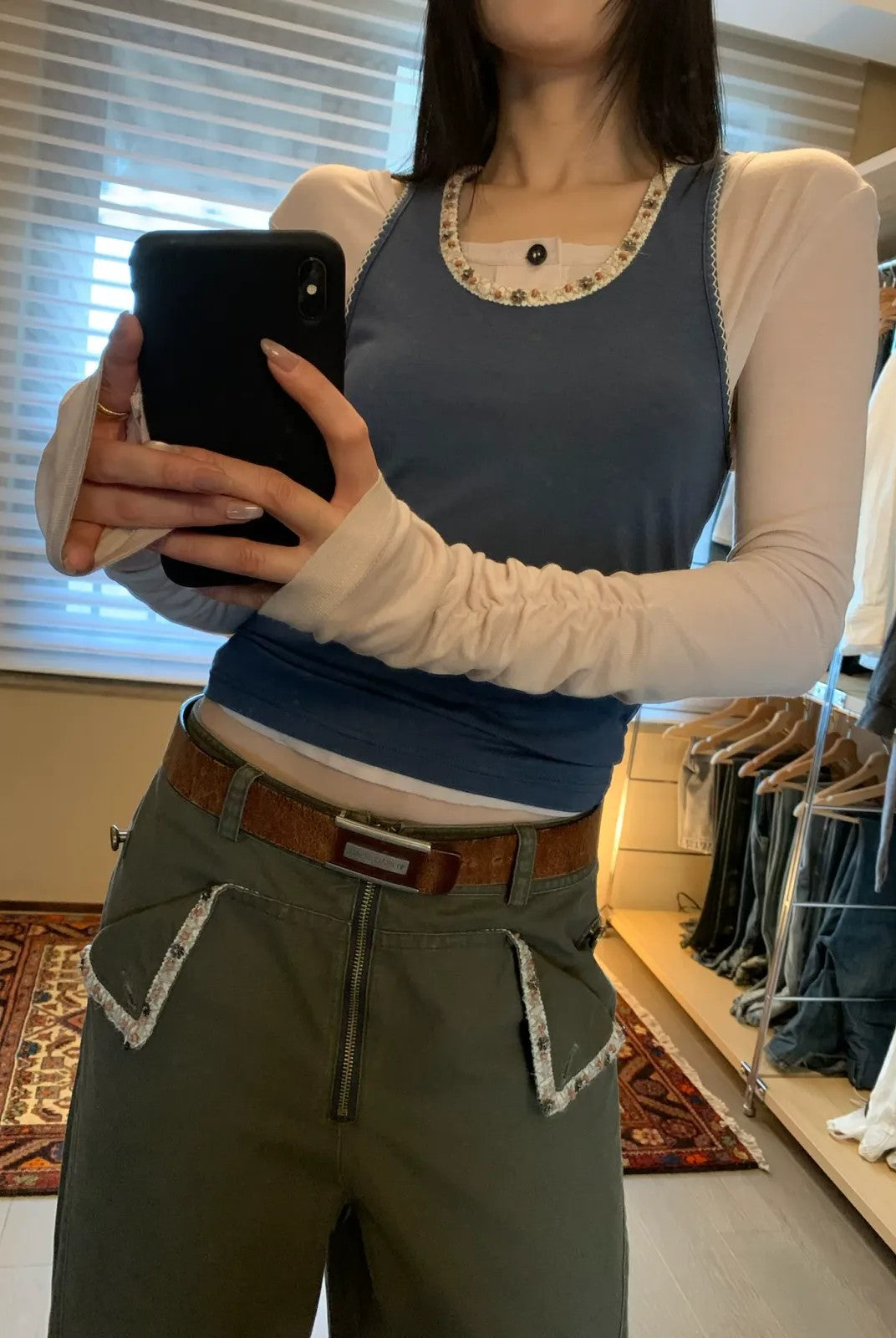 NeverSeez Beaded Lyocell Wool Tank Top in Blue - On Model