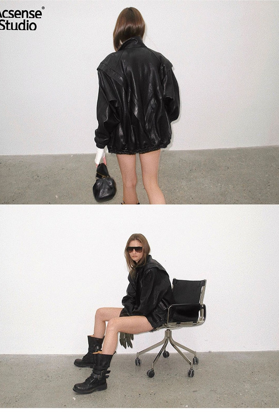 ACSENSE STUDIO Triangle Cut Sheepskin Jacket in Black - On Model