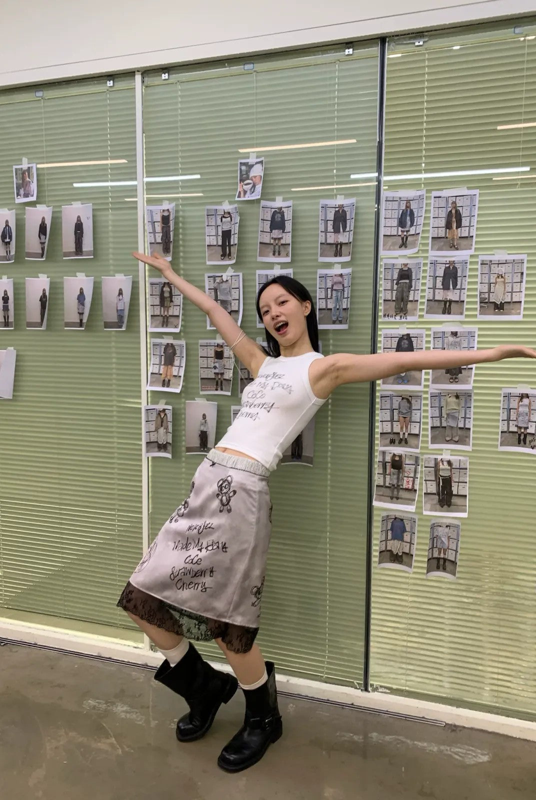 NeverSeez Graffiti Print Lace Trim Skirt in Gray - On Model