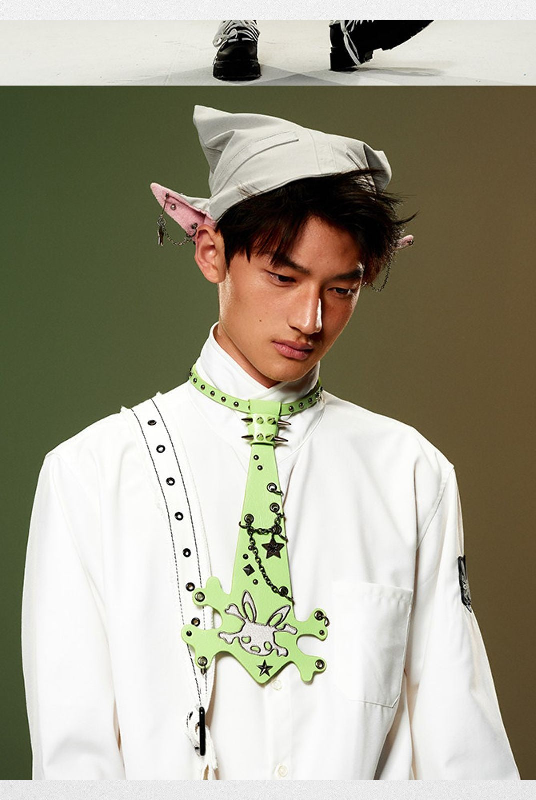 CFIERCE Chain Detail Elf Ear Hat in Gray - On Model