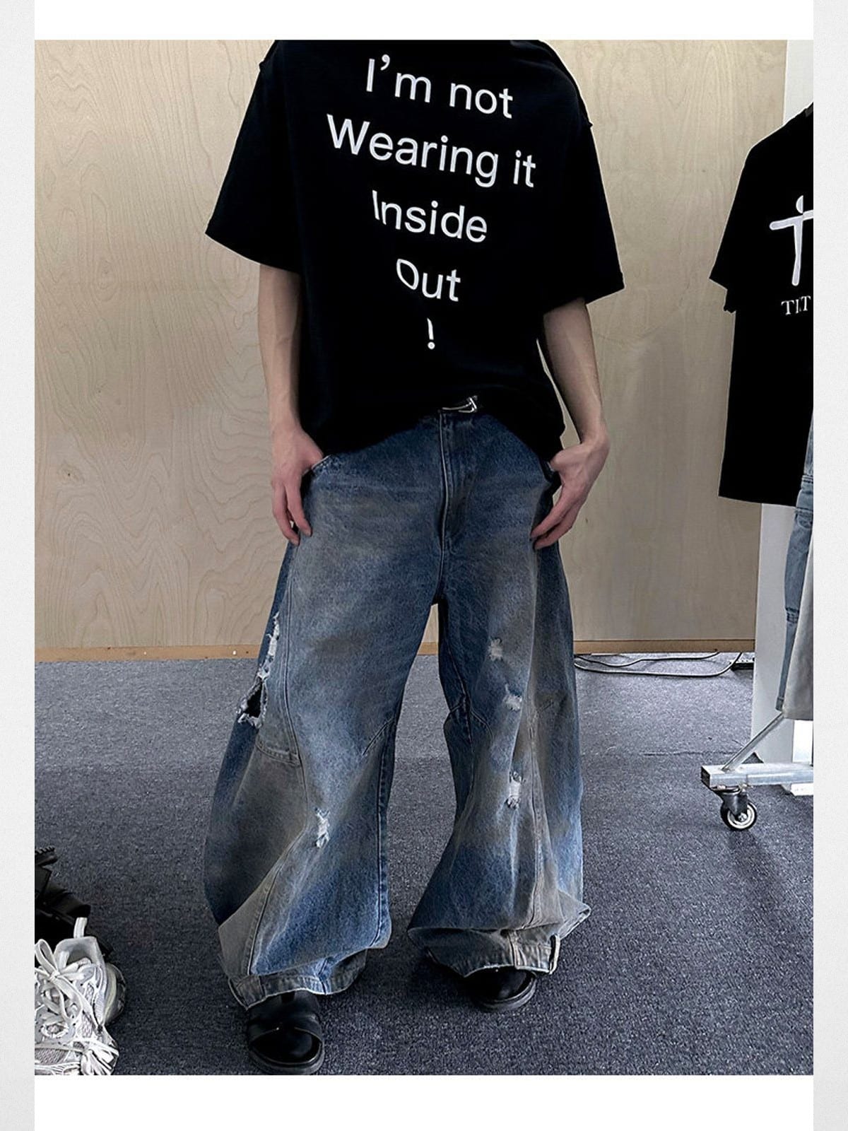 Triangle Project Distressed Dirty Dye Patchwork Jeans in Denim - On Male Model