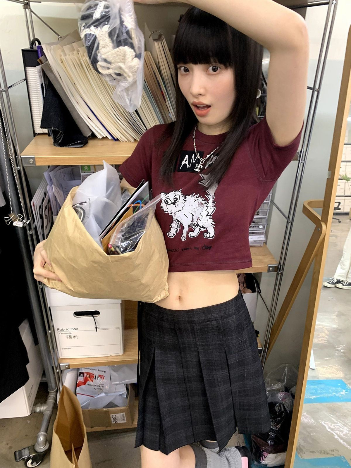 NeverSeez Kitten Graphic Baby Tee in Brown - On Model